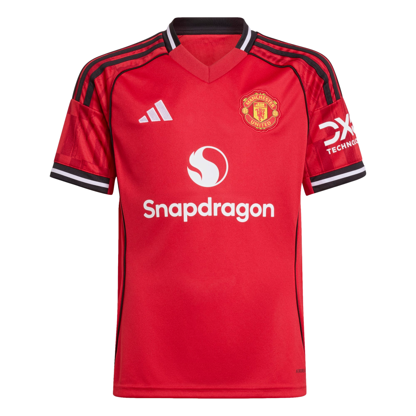 Red Manchester United 2024/25 home jersey featuring the Adidas logo, team crest, and Snapdragon sponsor logo.