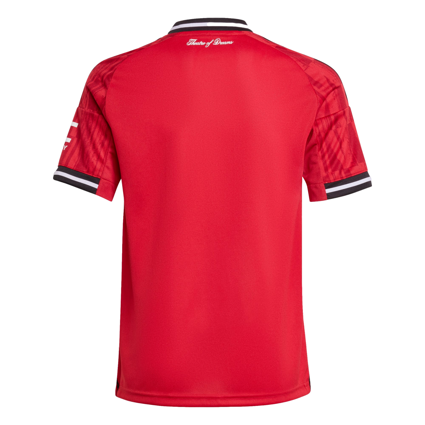 The back of a red Manchester United football shirt with black and white striped collar and cuffs. "Theatre of Dreams" is written in white cursive below the neckline.