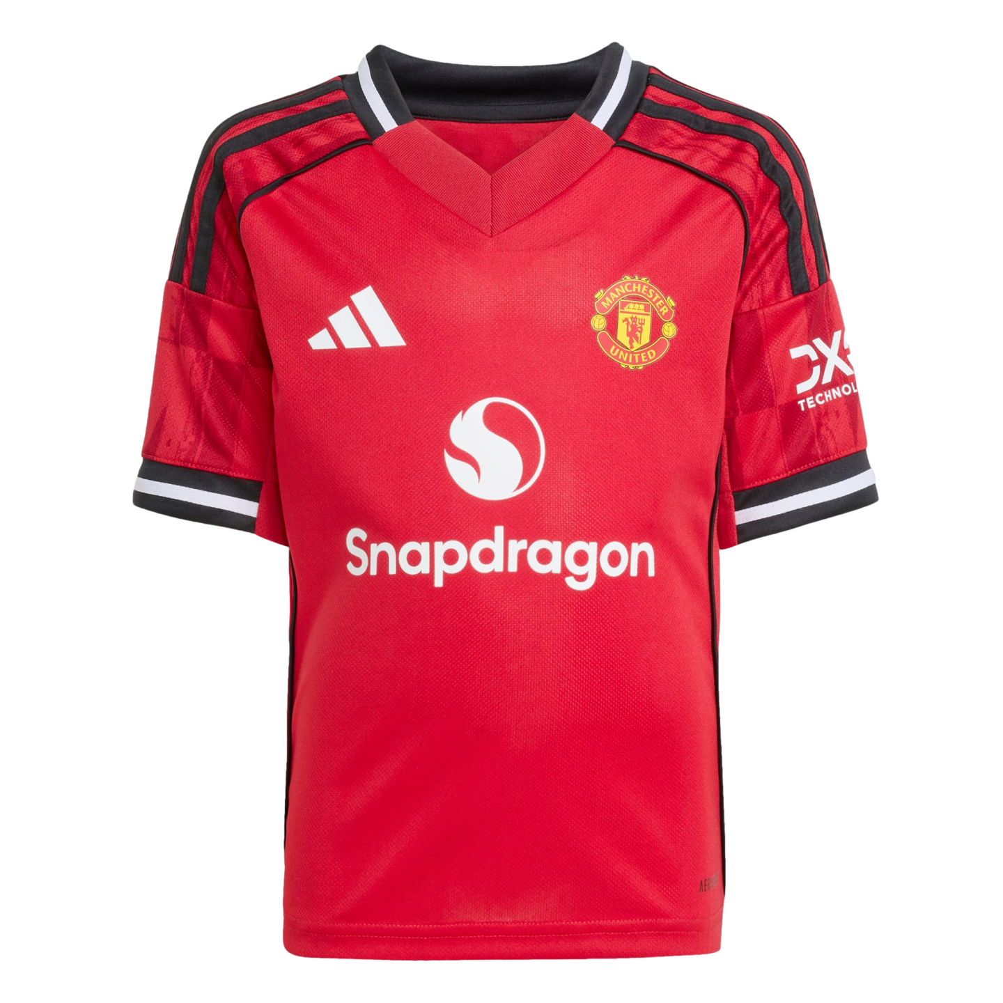 Red Manchester United home jersey featuring the Snapdragon sponsor logo, white Adidas logo, and team crest. Includes black and white trim on the collar and sleeves.