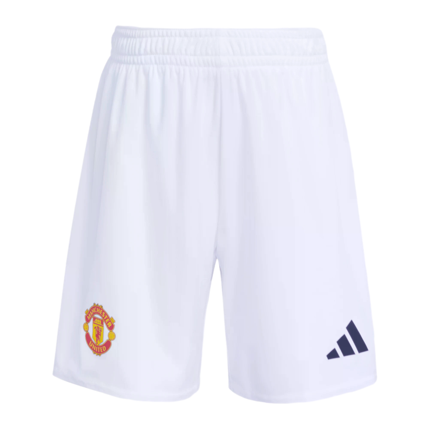 White Manchester United athletic shorts with the club crest and a black Adidas logo.