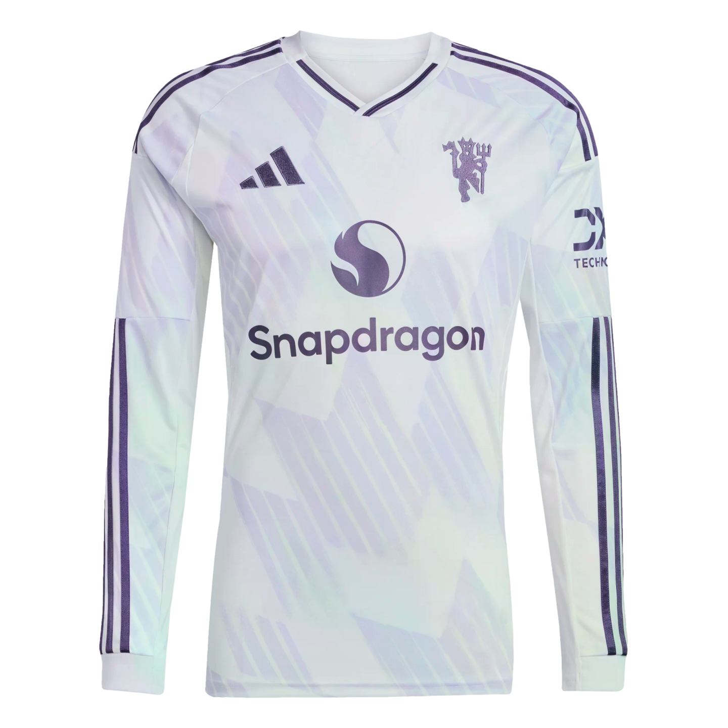 A long-sleeved Adidas Manchester United soccer jersey in white with purple logos and stripes, featuring the Snapdragon sponsor and a subtle geometric pattern.