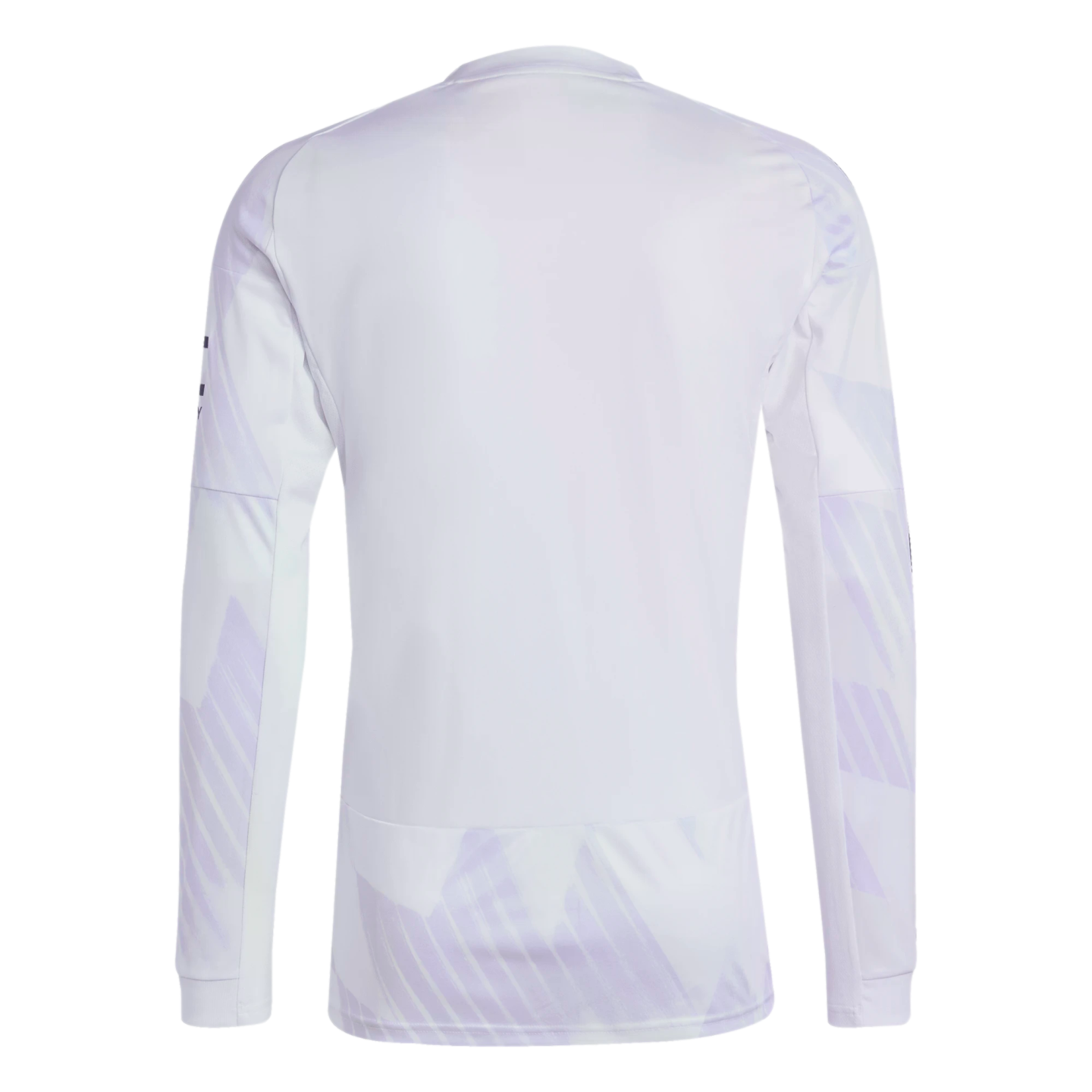 Rear view of a white long-sleeved athletic shirt with a subtle light purple geometric pattern on the lower back and sleeves, shown against a solid black background.