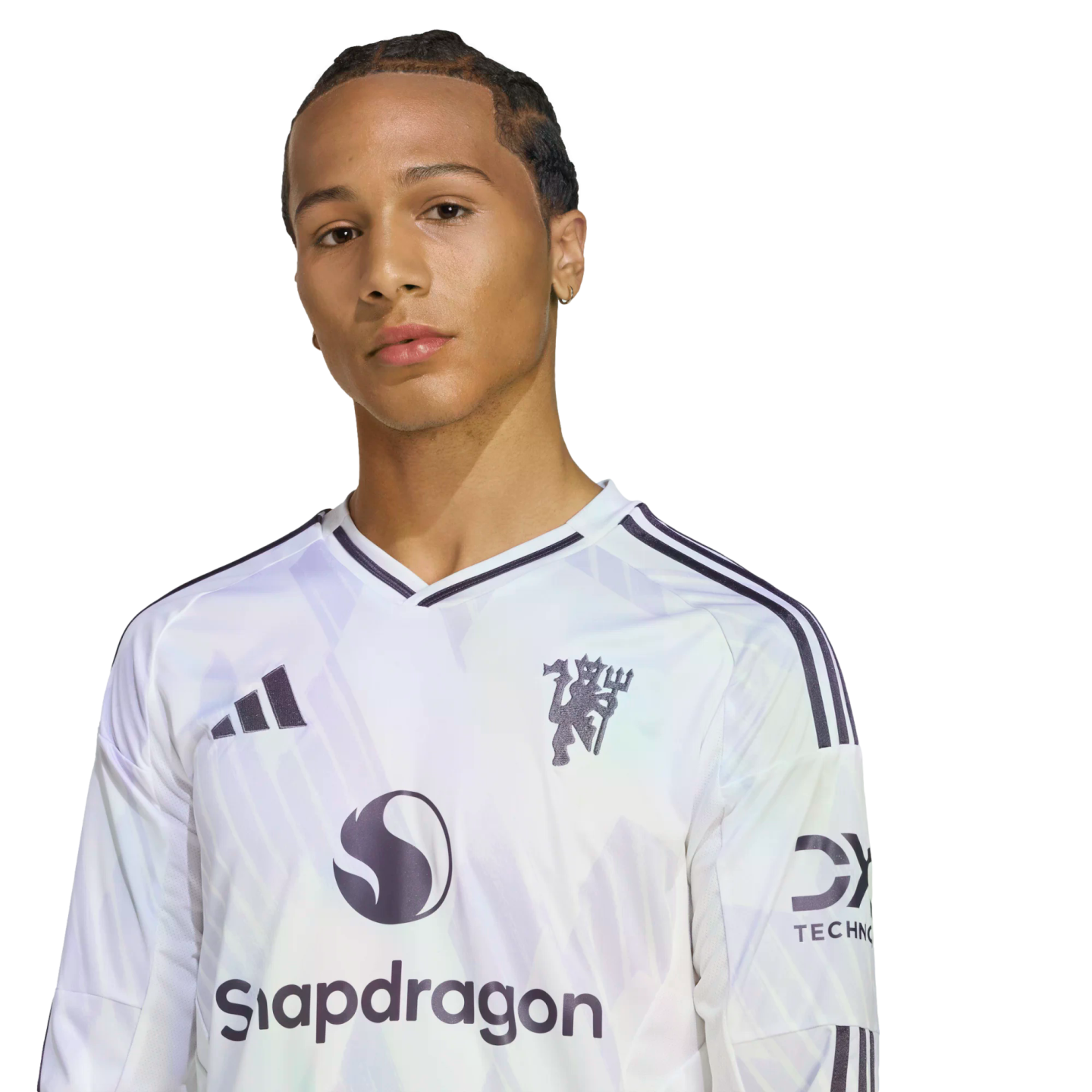 A man in a white Manchester United long-sleeve jersey with a Snapdragon logo, posed against a black background.