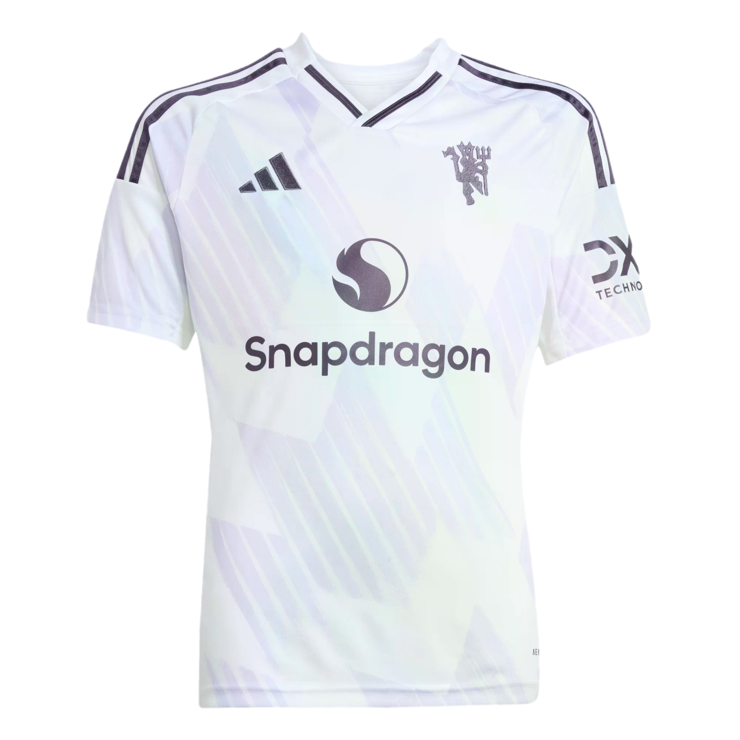 White Manchester United football jersey with light iridescent patterns, featuring the Snapdragon sponsor logo and Adidas branding.