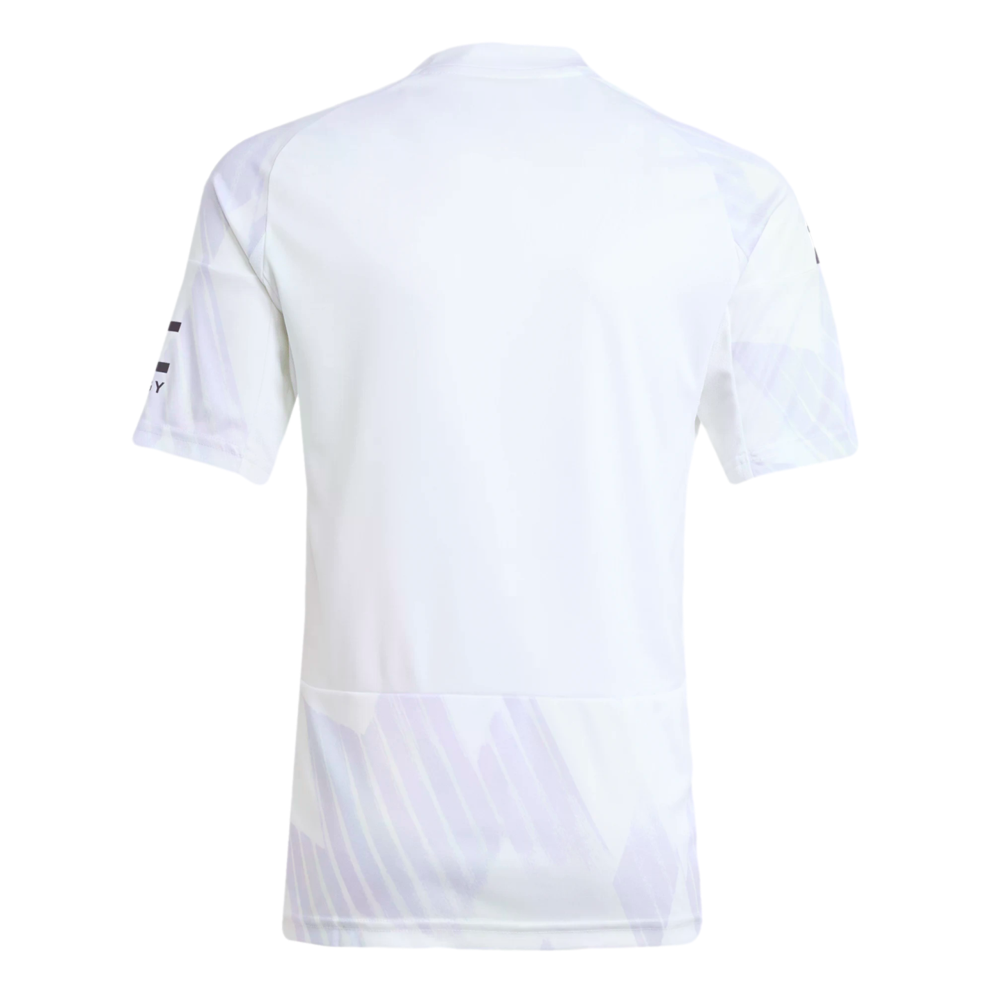 Back view of a white short-sleeve athletic jersey featuring light purple graphic patterns on the sleeves and lower back panel.