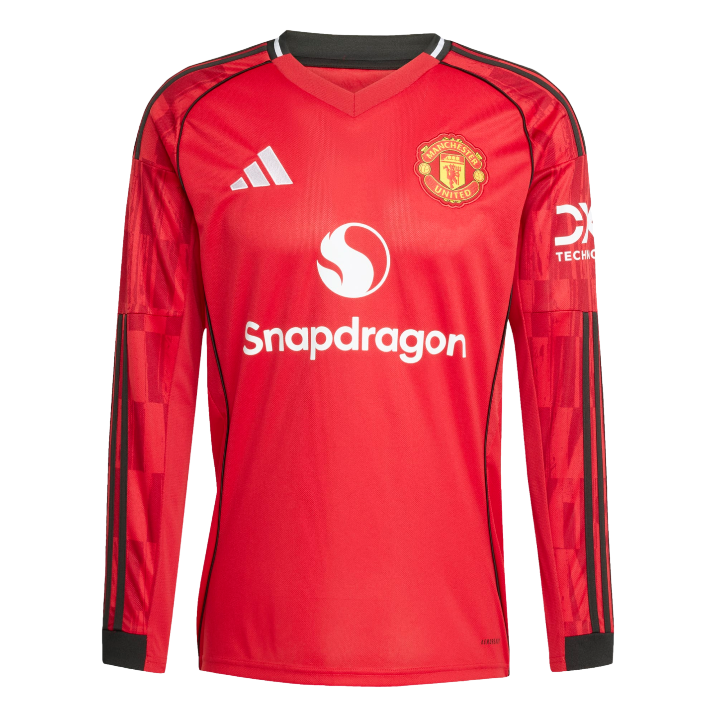 Red long-sleeved Manchester United jersey featuring the white Snapdragon logo, club crest, Adidas logo, and black accents on the sleeves.