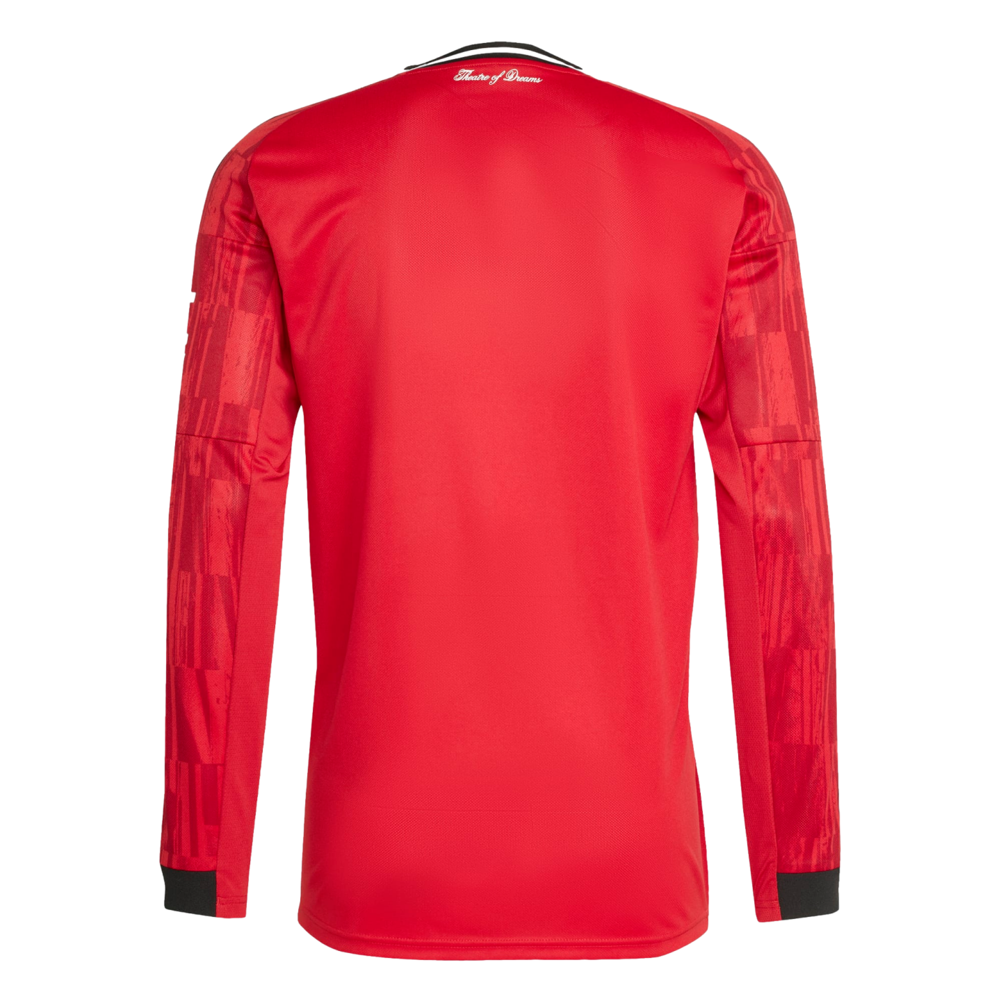 Back view of a red long-sleeved jersey with "Theatre of Dreams" in white script near the collar. Features patterned sleeves and black cuffs against a black background.