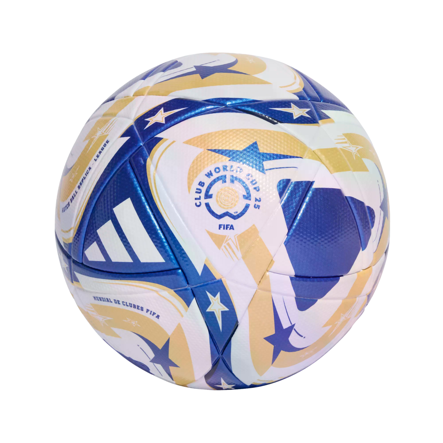 White, blue, and gold Adidas soccer ball featuring the FIFA Club World Cup 25 logo, isolated on a black background.