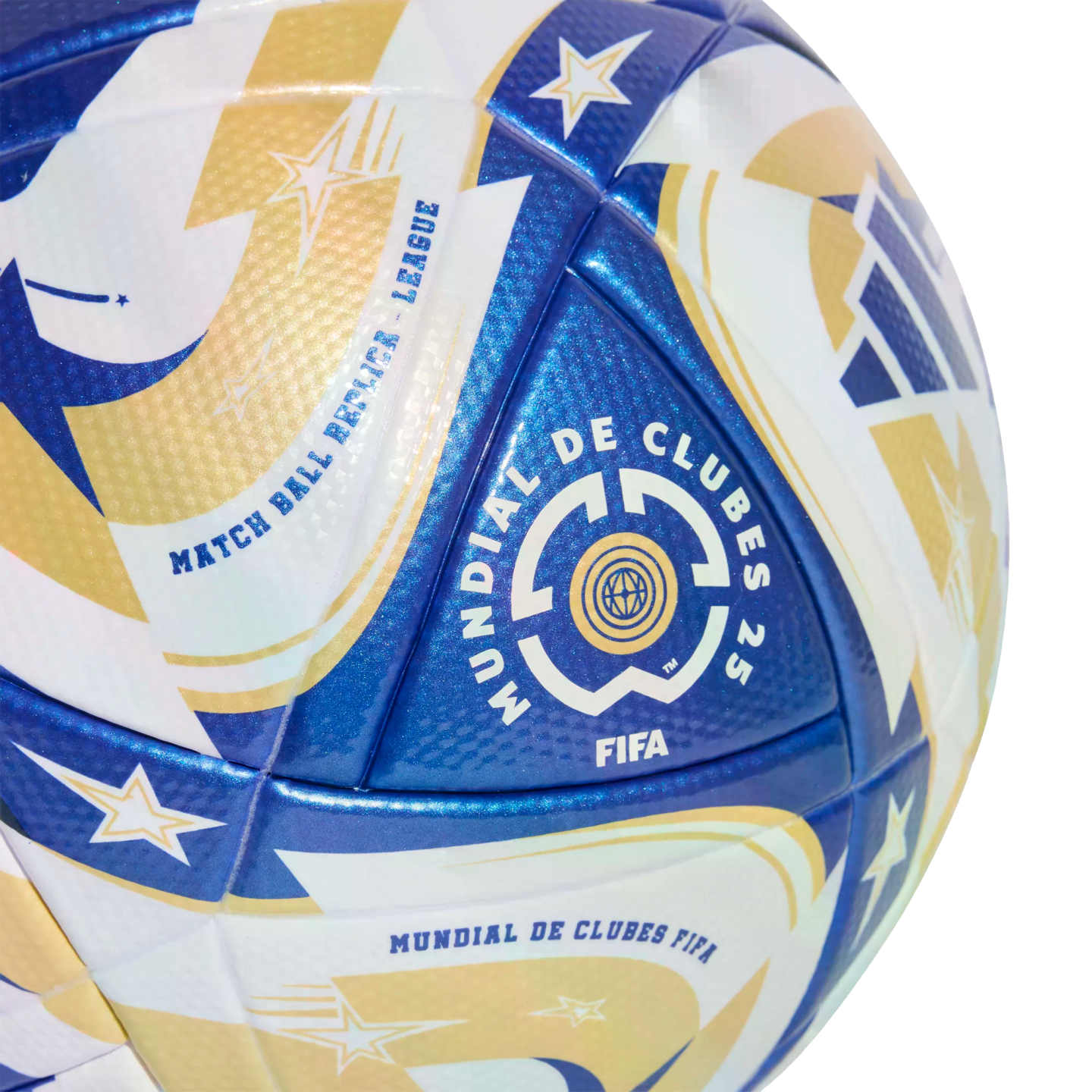 Close-up of a blue, gold, and white 2025 FIFA Club World Cup replica soccer ball featuring official tournament logos and text.