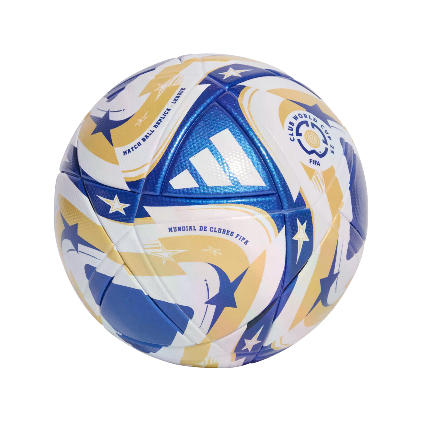 An Adidas FIFA Club World Cup 2025 soccer ball featuring white, blue, and gold geometric panels with star patterns and the Adidas logo.