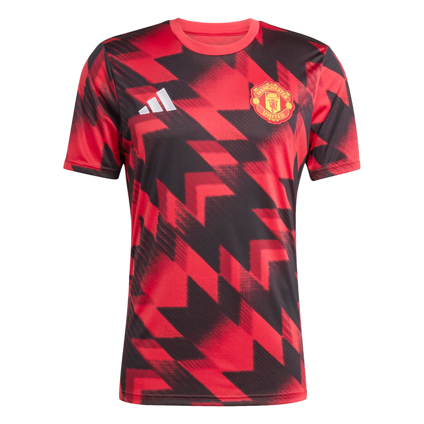 Manchester United soccer jersey featuring a red and black geometric zigzag pattern, a white Adidas logo, and the team crest.