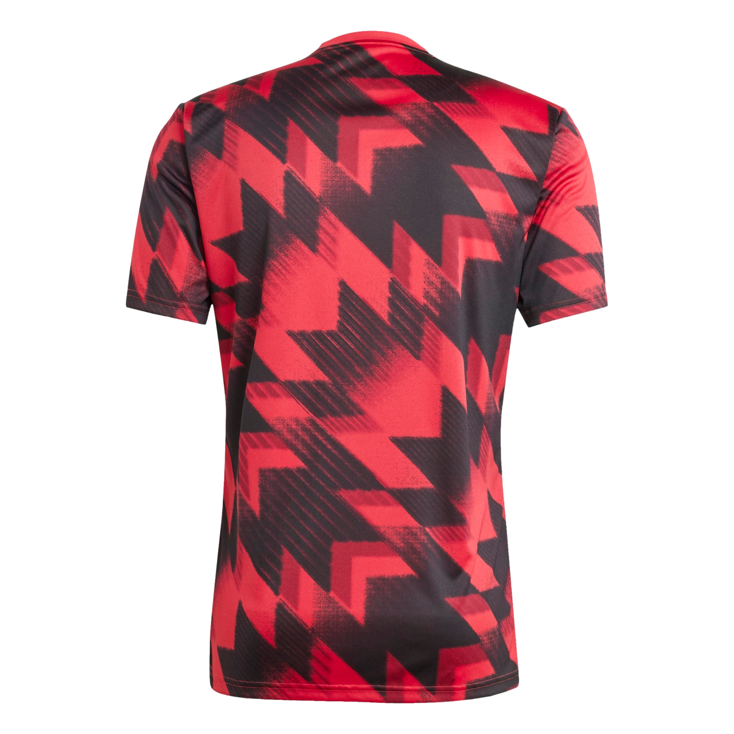 Back of a short-sleeved jersey featuring a bold, red and black geometric zig-zag pattern with a distressed effect.