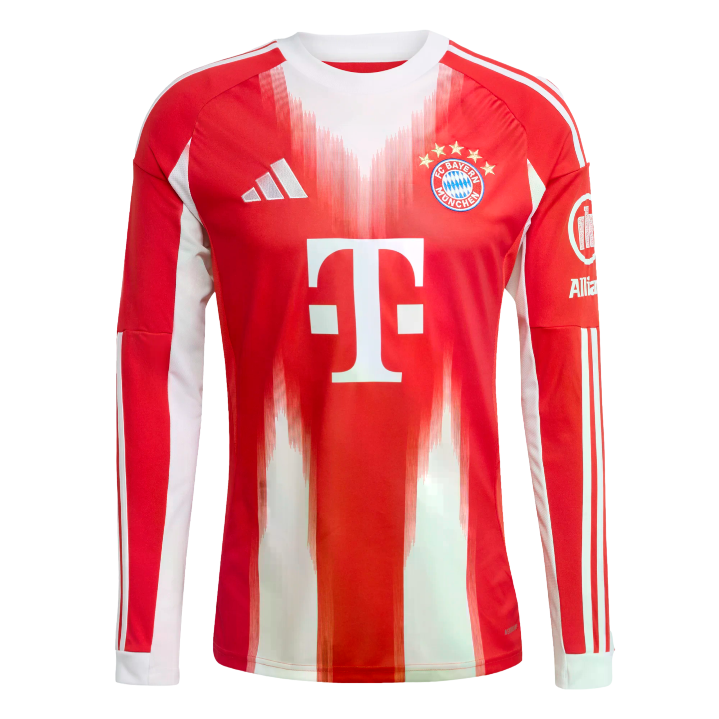 Red and white long-sleeved Adidas FC Bayern Munich home jersey featuring the team crest and T-Mobile sponsor logo on the chest.