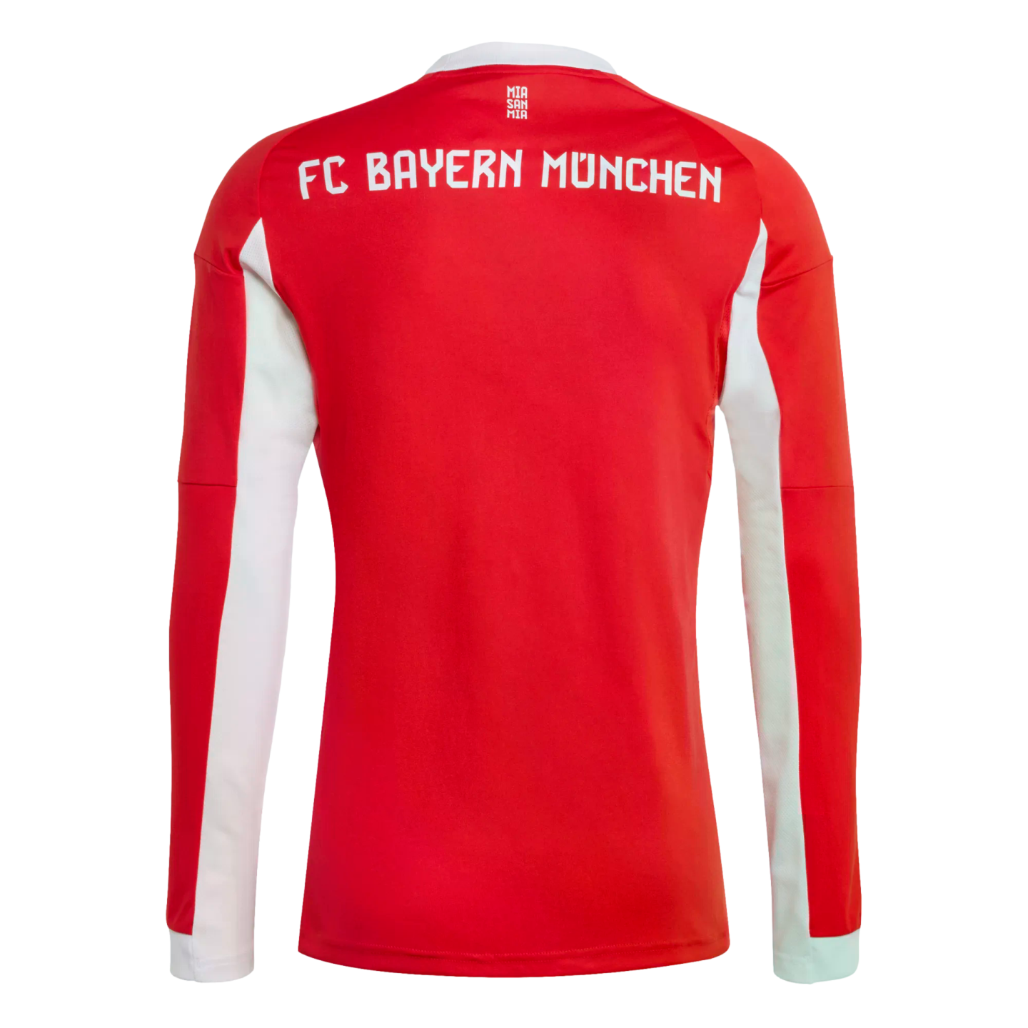 Back view of a red long-sleeve FC Bayern München football jersey with white panels on the sides and "MIA SAN MIA" lettering at the neckline.