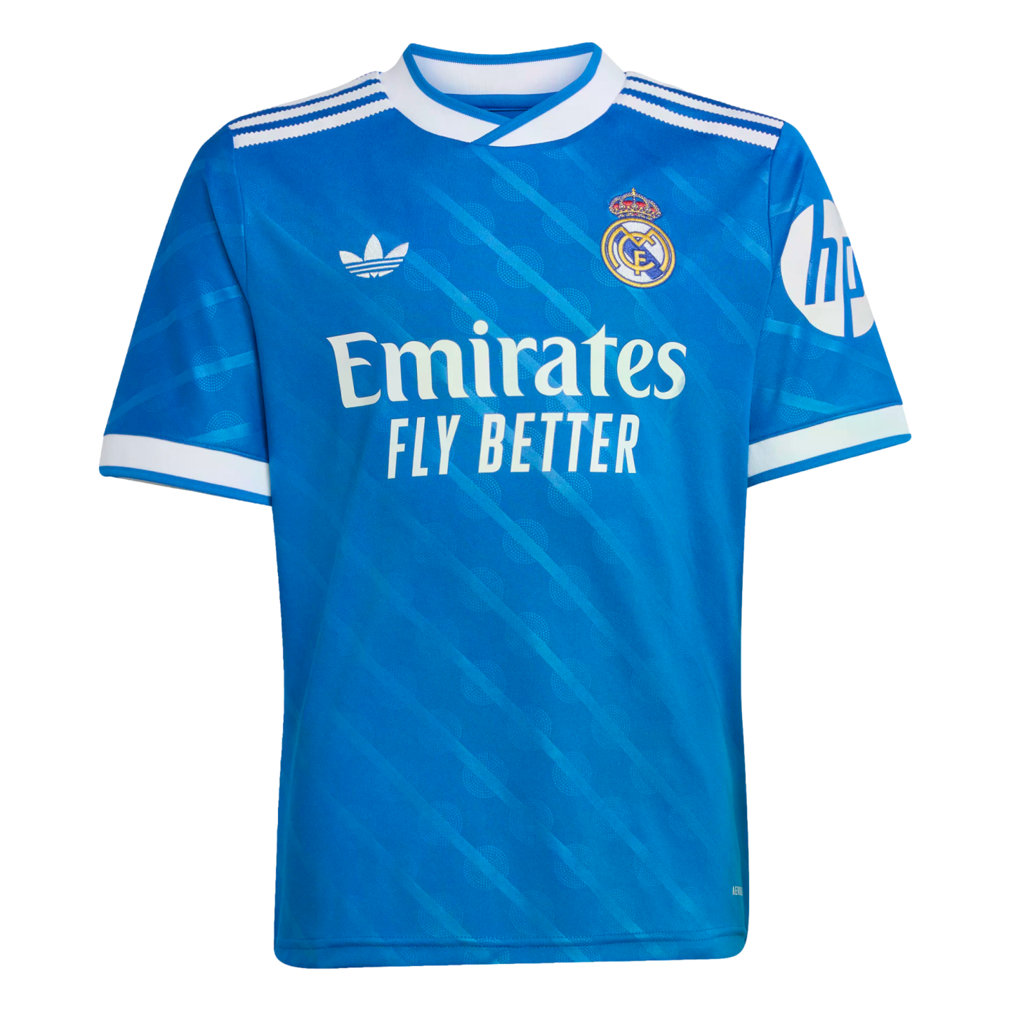 A blue Real Madrid football jersey with diagonal patterns, white Adidas Trefoil logo, club crest, Emirates sponsor, and HP sleeve logo.