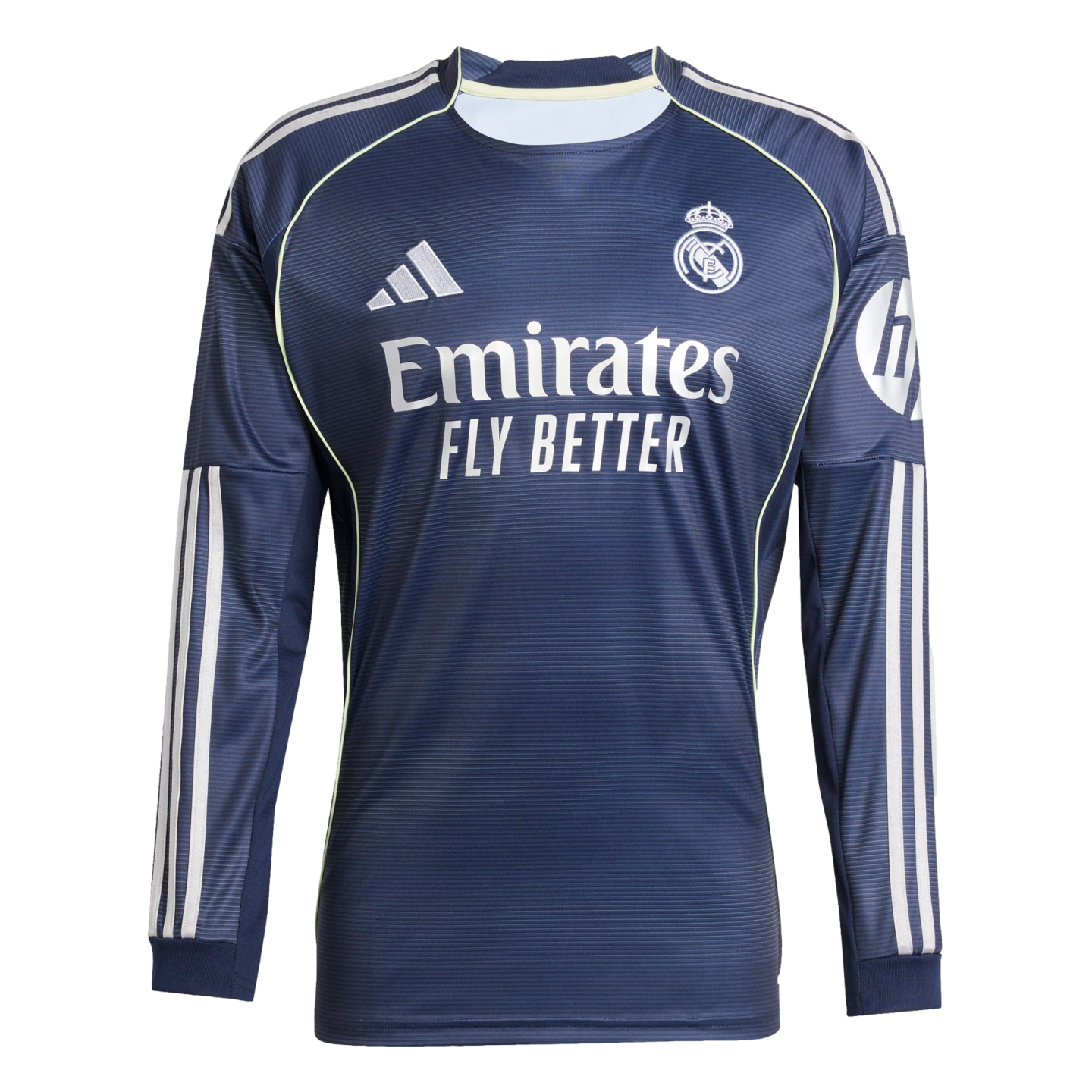 A navy blue long-sleeved Real Madrid soccer jersey featuring the club crest, Adidas logo, "Emirates FLY BETTER" sponsor, and white stripes on the sleeves.