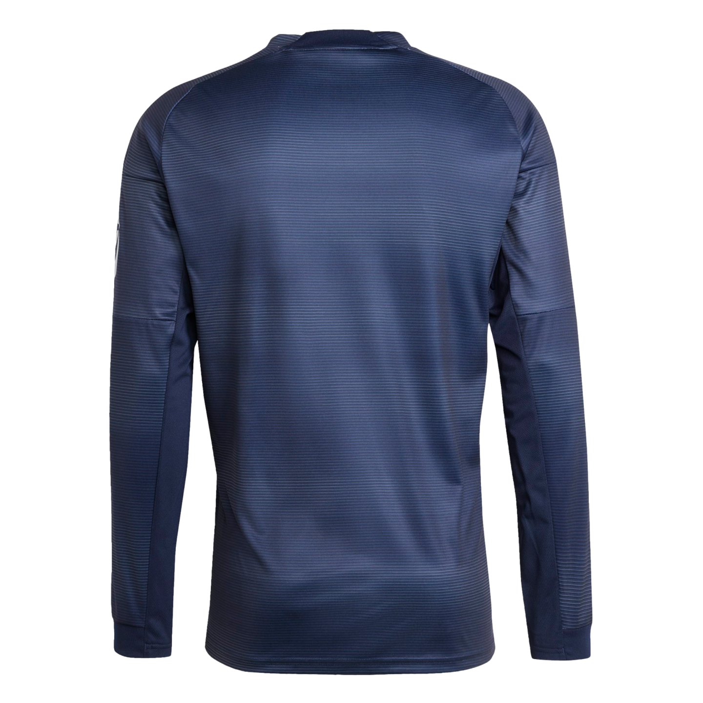 The back of a navy blue long-sleeved athletic shirt with fine horizontal ribbing and solid side panels.