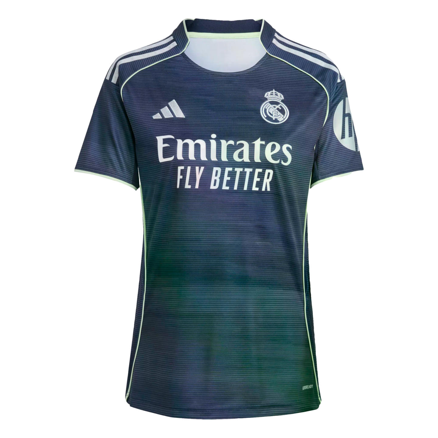 A dark navy Adidas Real Madrid soccer jersey with lime green accents, the team crest, and the "Emirates FLY BETTER" sponsor logo across the chest.
