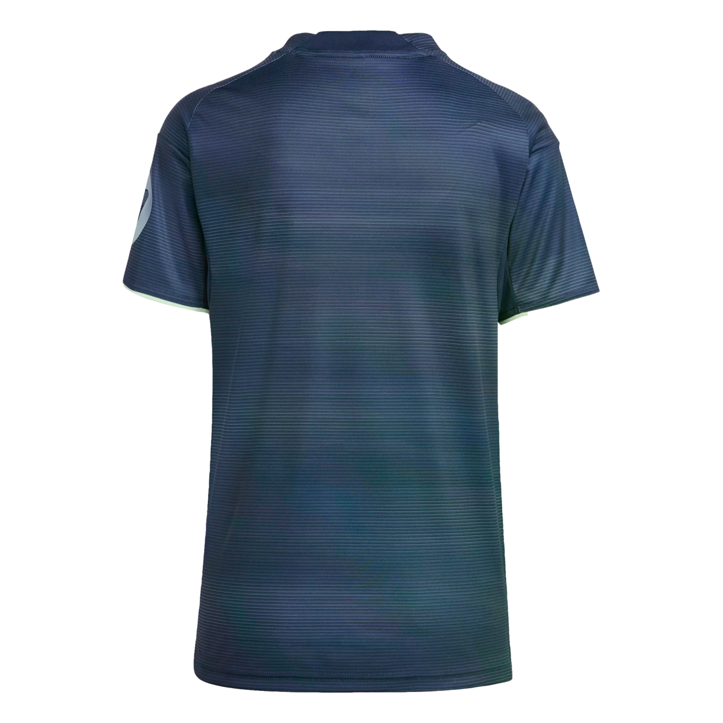 Back view of a dark blue short-sleeved sports jersey with a horizontal ribbed texture. Features include light green trim on the sleeve cuffs and a logo on the left sleeve.