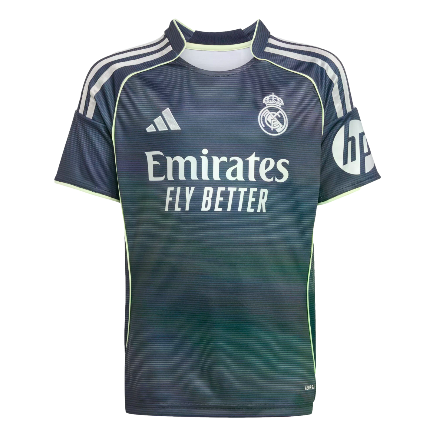 A dark grey Real Madrid away football jersey with horizontal stripes, light green trim, and white logos for Adidas, Emirates, and HP.