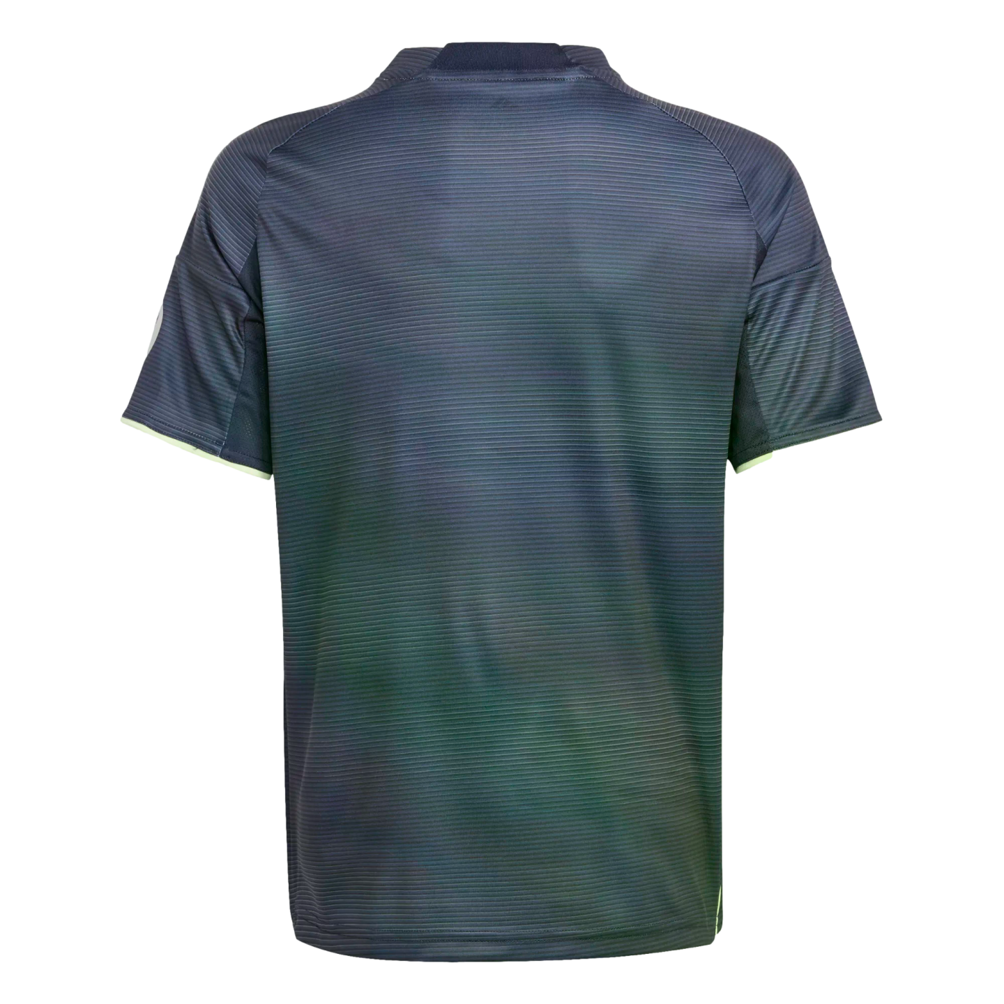 Back view of a dark blue athletic jersey with fine horizontal stripes and lime green trim on the sleeve cuffs and hem.