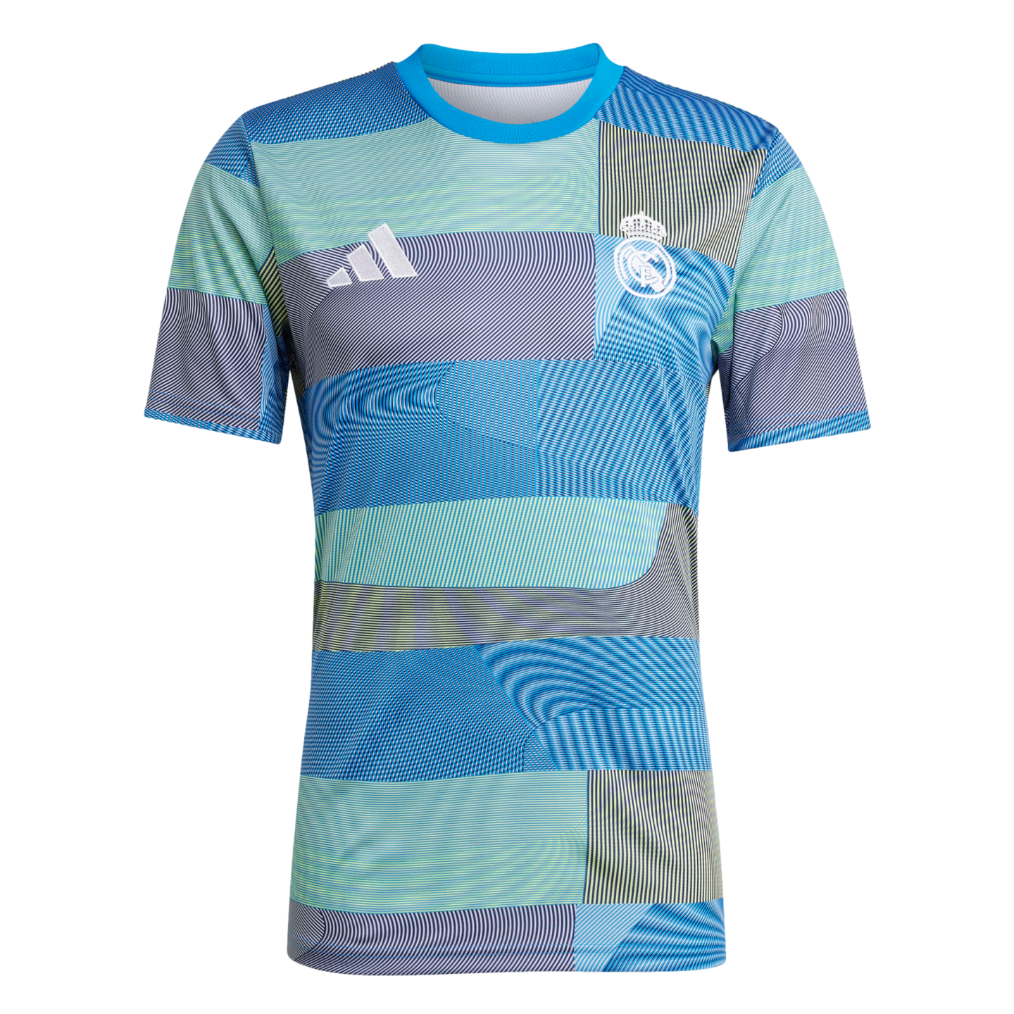 Adidas Real Madrid pre-match jersey featuring a vibrant blue and teal geometric wavy pattern with a white club crest and logo.