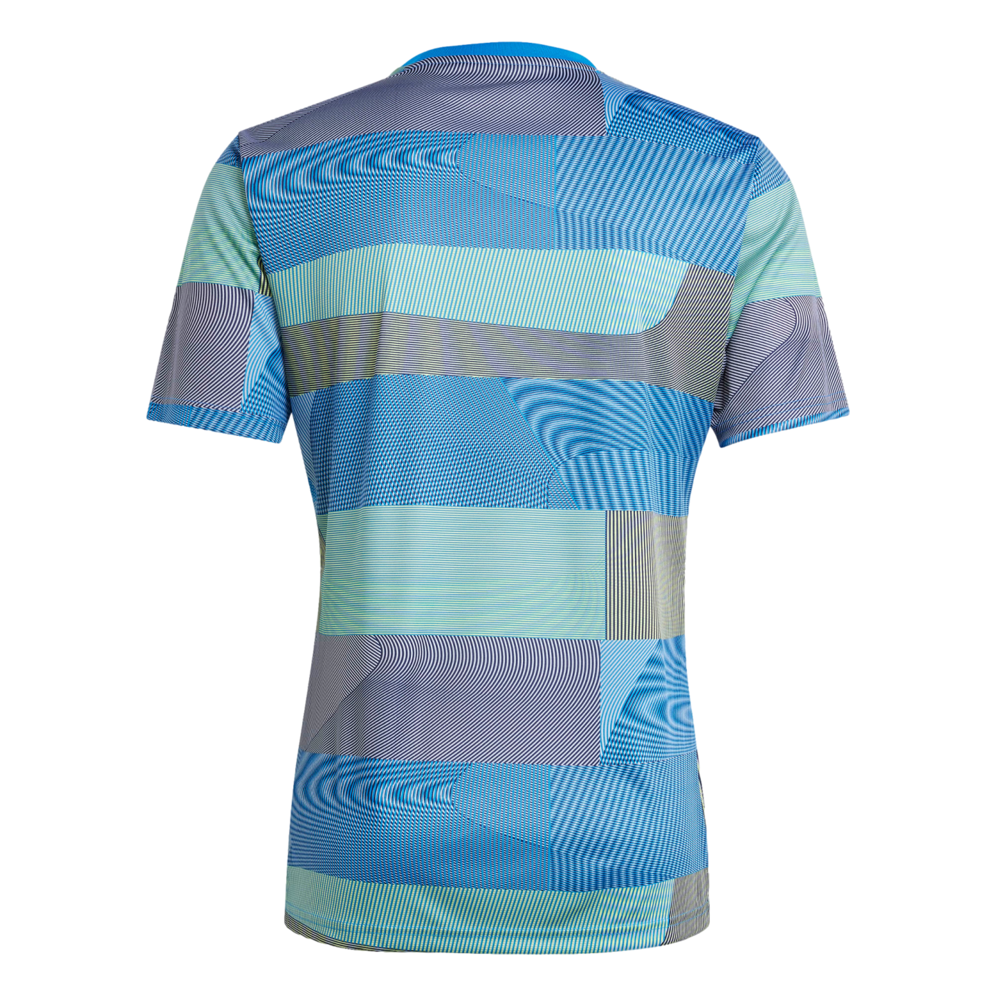 The back of a short-sleeved athletic jersey with a complex geometric pattern of blue, teal, lime green, and grey stripes arranged in horizontal and curved blocks.