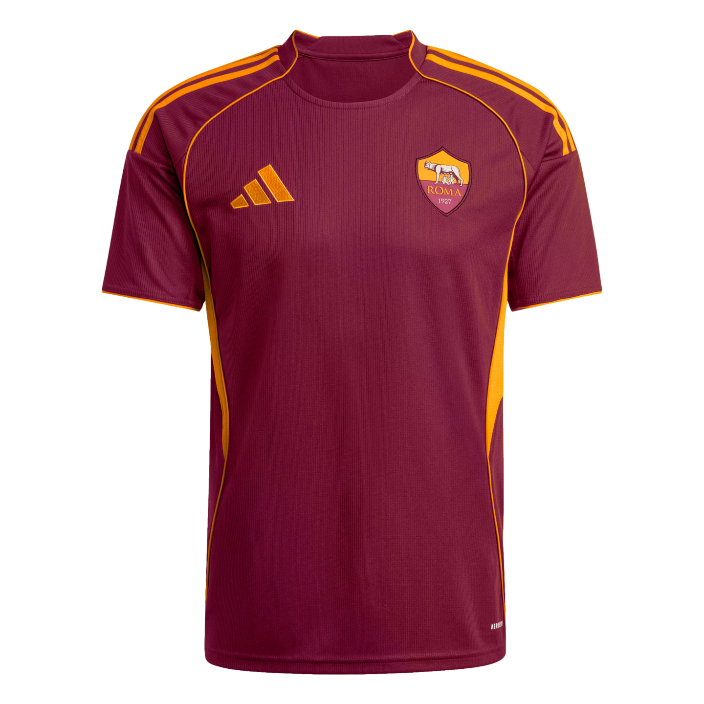 Maroon AS Roma training jersey by Adidas with orange-yellow details and the club crest on the chest, set against a black background.