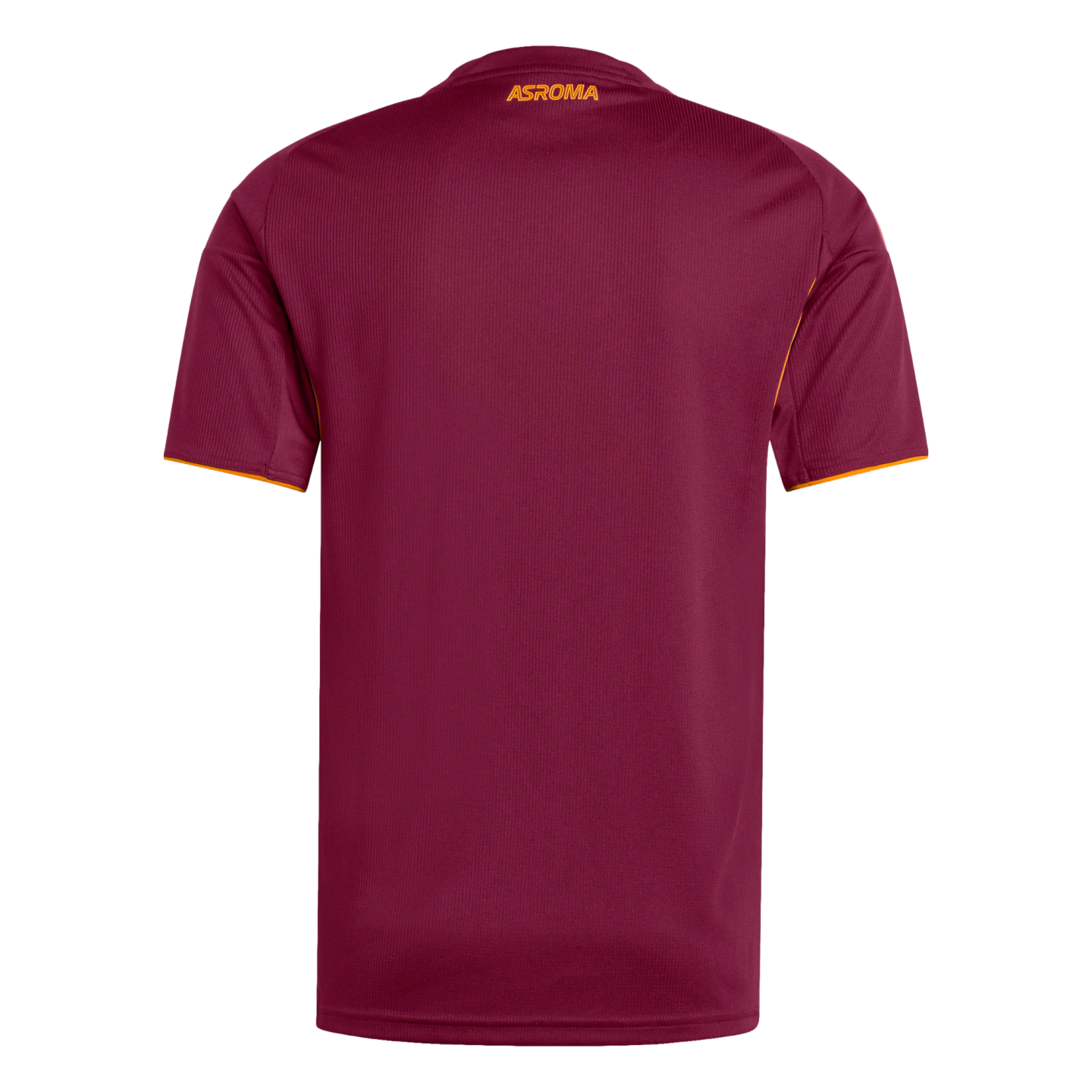 Back of a maroon short-sleeved soccer jersey with orange sleeve trim and "ASROMA" printed in orange on the neck.