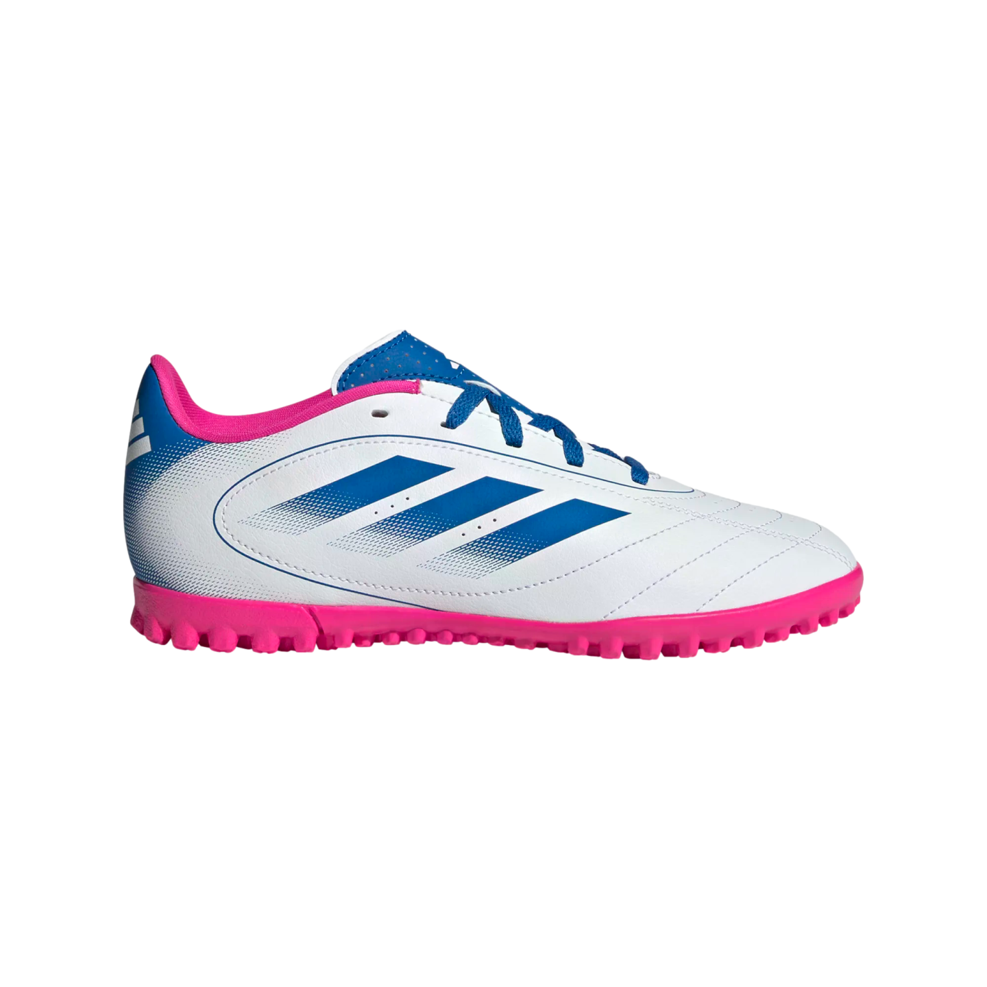 Side profile of a white Adidas turf soccer shoe featuring three blue stripes and laces, with a vibrant pink sole and heel collar.
