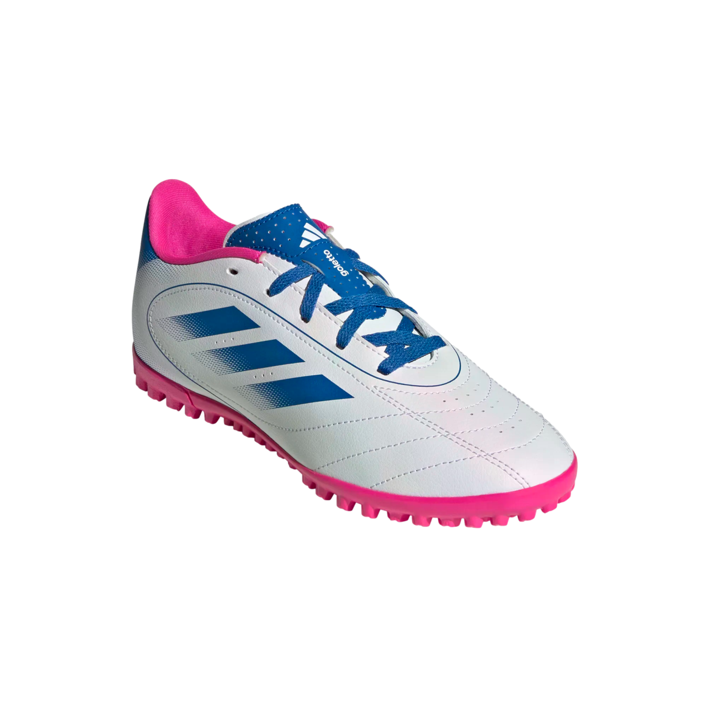 White Adidas Goletto turf soccer shoe featuring three blue stripes, blue laces, and a vibrant pink sole and collar.