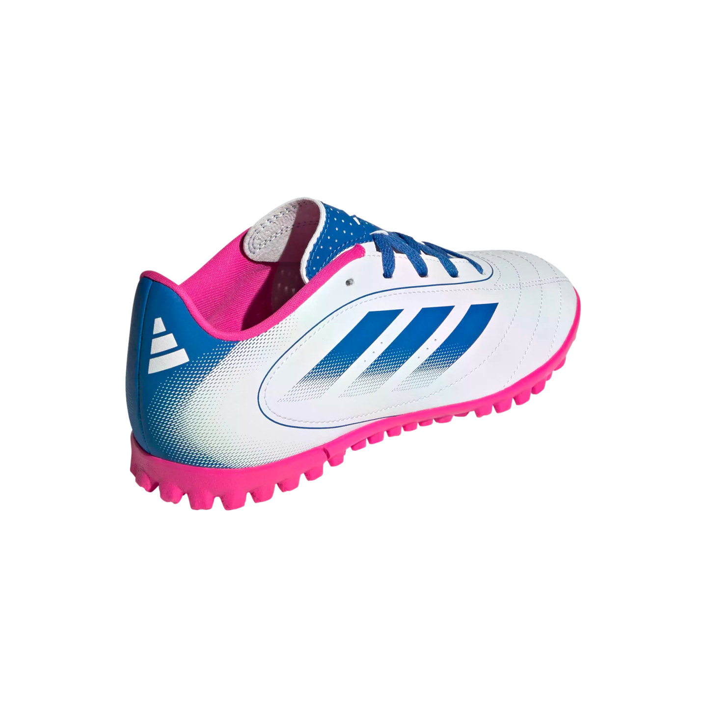 A white Adidas soccer shoe with blue stripes, a pink collar, and a pink studded outsole, shown from a rear-side angle on a white background.