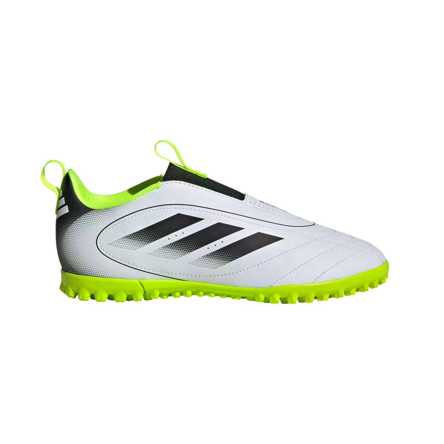 A white Adidas laceless soccer shoe with black stripes and vibrant lime green accents on the lining, pull tabs, and nubbed turf outsole, set against a plain white background.