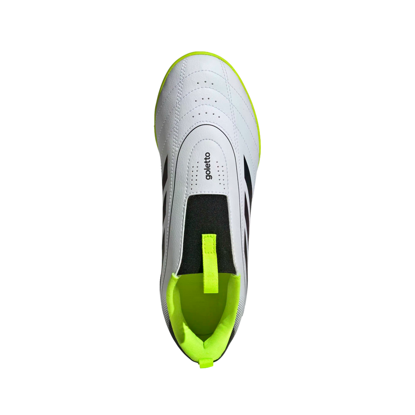 Top-down view of a white laceless soccer shoe with bright lime green lining and trim, and black accents.