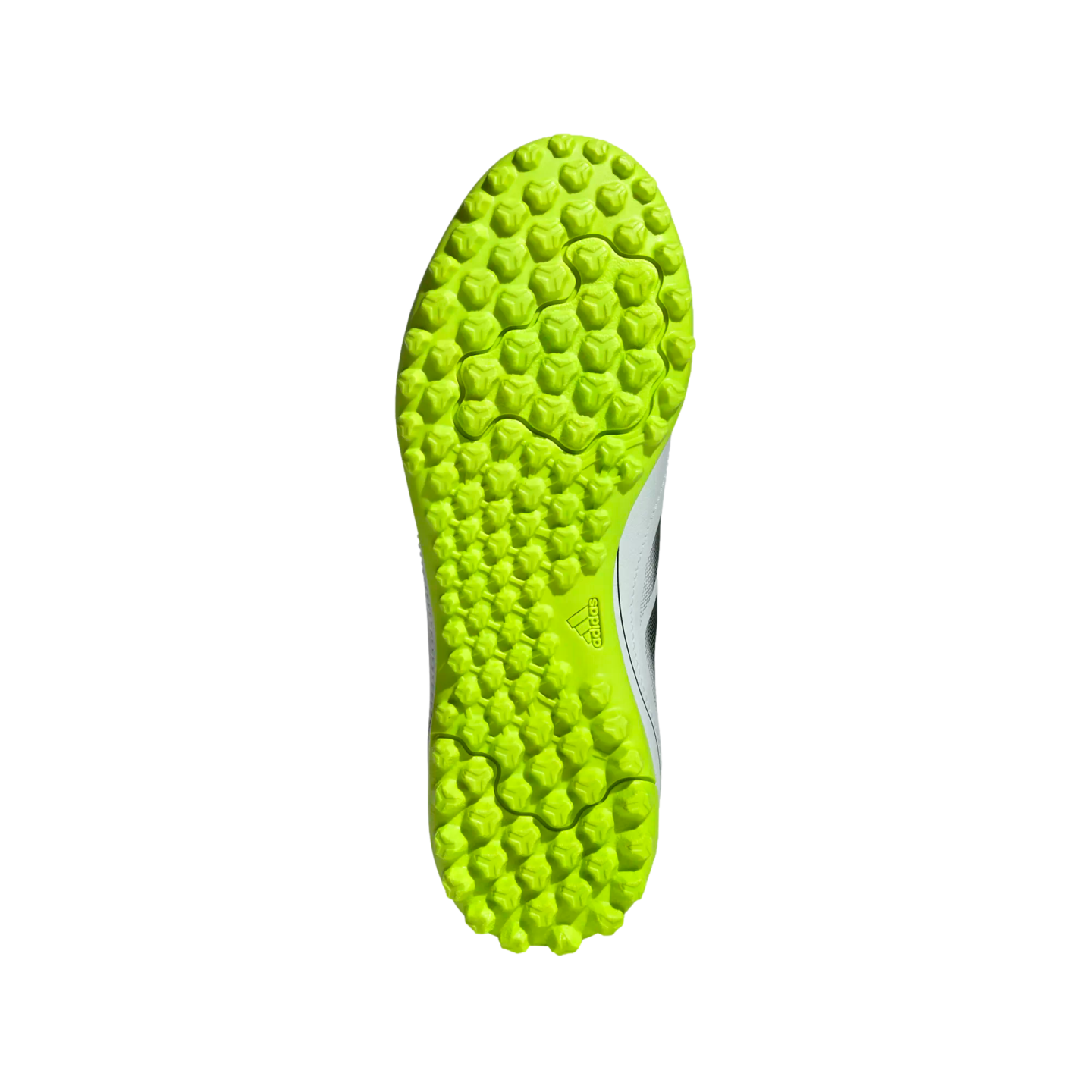 Neon green rubber outsole of an Adidas turf shoe with a dense pattern of small studs for traction on synthetic surfaces.