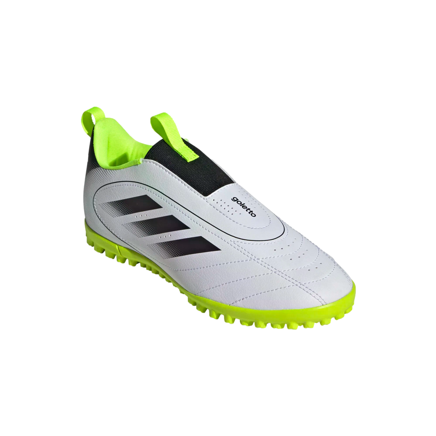A white and neon green laceless Adidas Goletto soccer shoe for artificial turf. It features three black stripes on the side and a studded lime green sole.