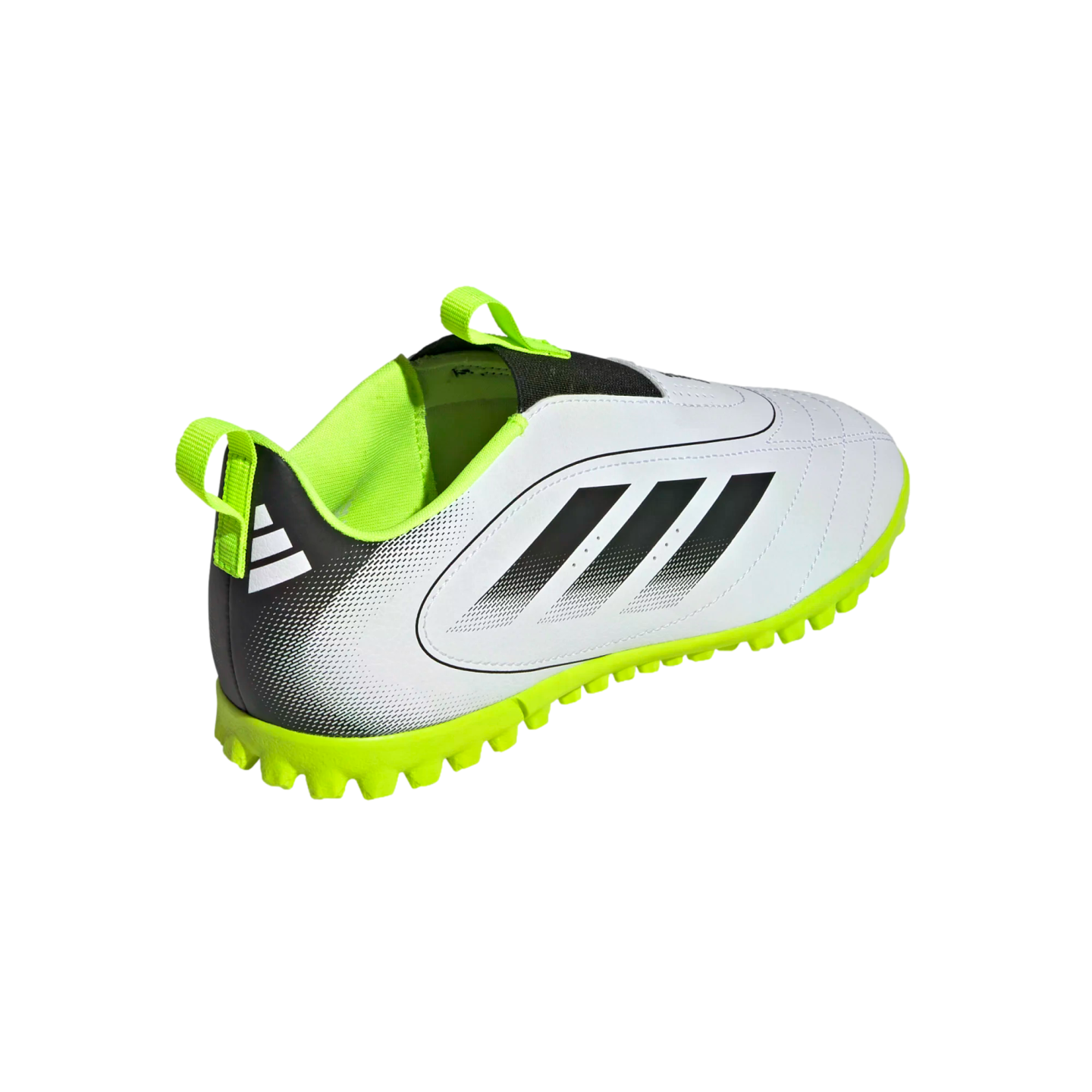 A white and lime green Adidas soccer turf shoe with three black stripes on the side and a textured lime green outsole.