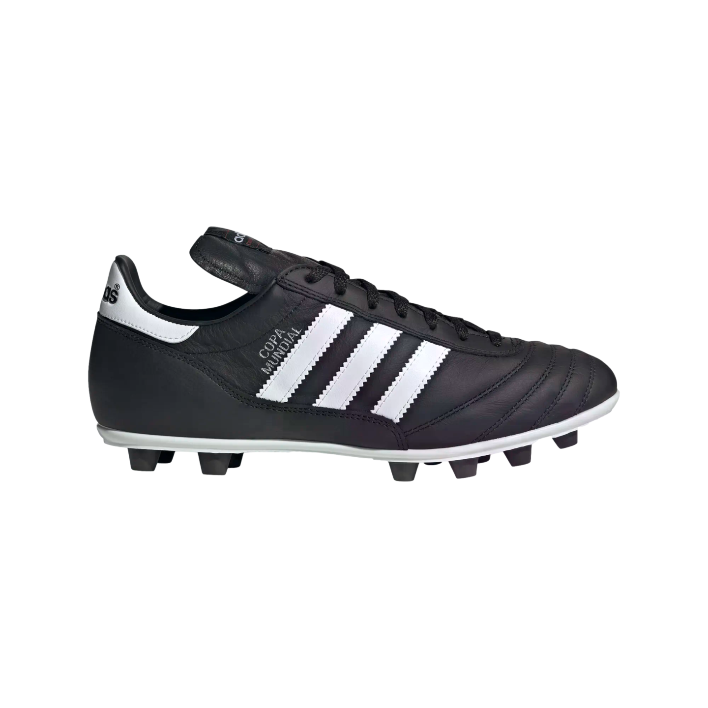 Side profile of a black Adidas Copa Mundial soccer cleat with three white stripes and silver branding, isolated on a black background.