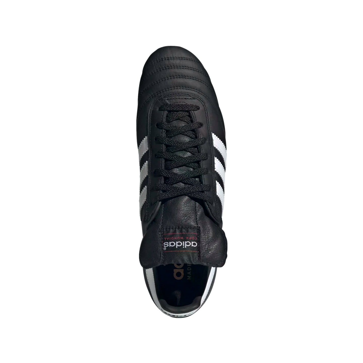 Top-down view of a black leather Adidas Copa Mundial soccer cleat featuring signature white stripes and a folded tongue, set against a black background.