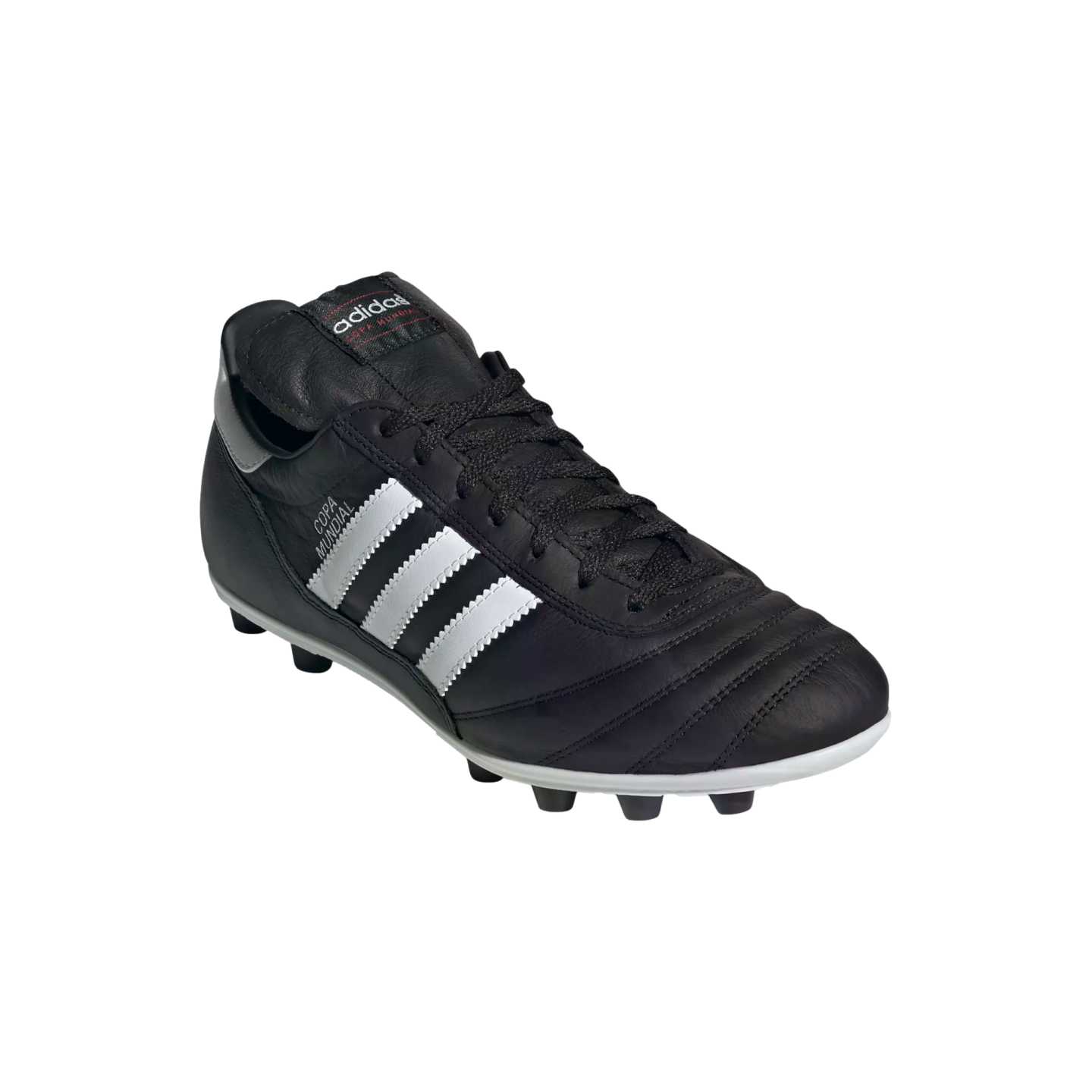 Black Adidas Copa Mundial leather soccer cleat with three white stripes and a studded white sole.