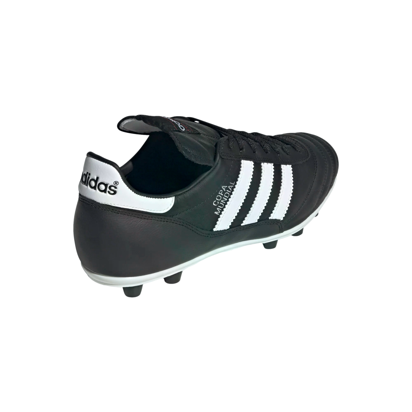 Rear-side view of a black Adidas Copa Mundial soccer cleat with three white serrated stripes and a white heel tab, set against a black background.