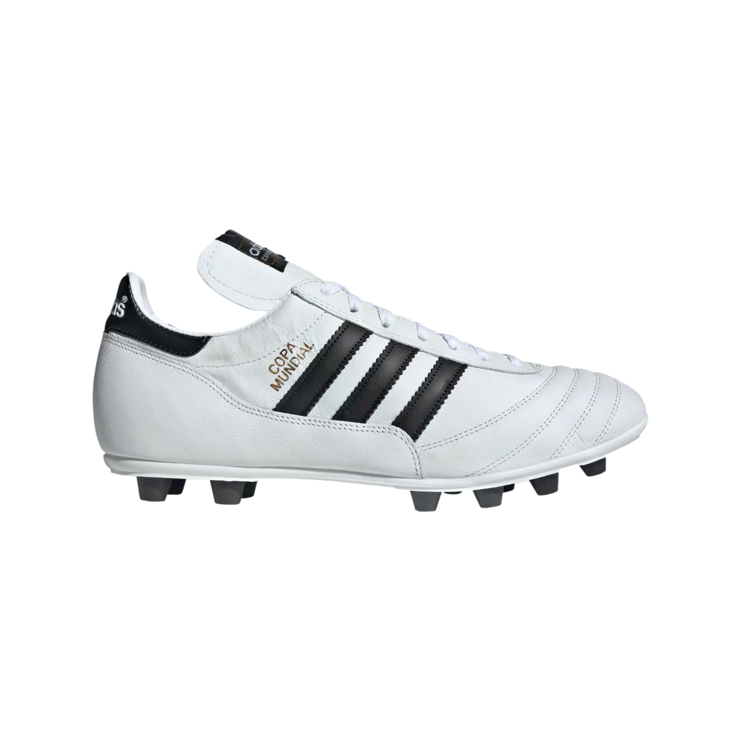 Profile view of a white leather Adidas Copa Mundial soccer cleat with three black stripes, gold lettering, and black studs, set against a black background.