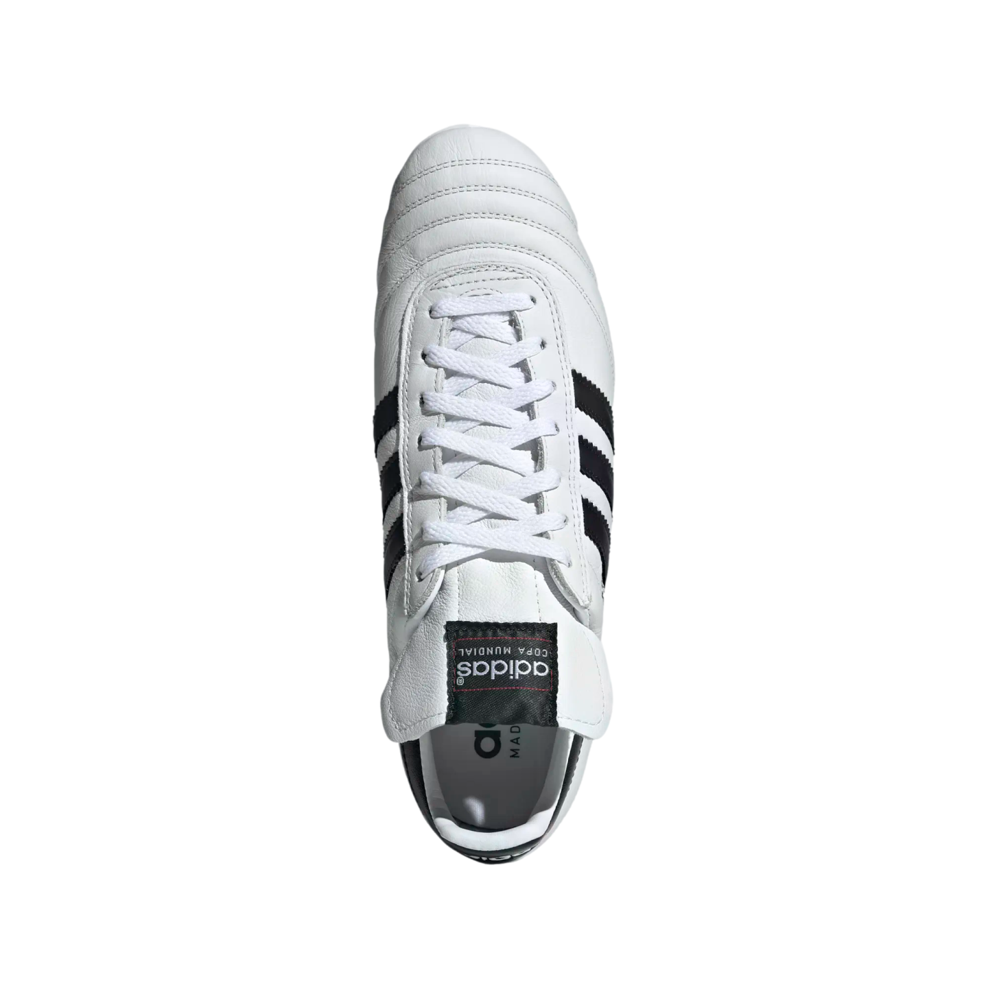 Top-down view of a white Adidas Copa Mundial soccer cleat with black stripes and laces, isolated on a black background.