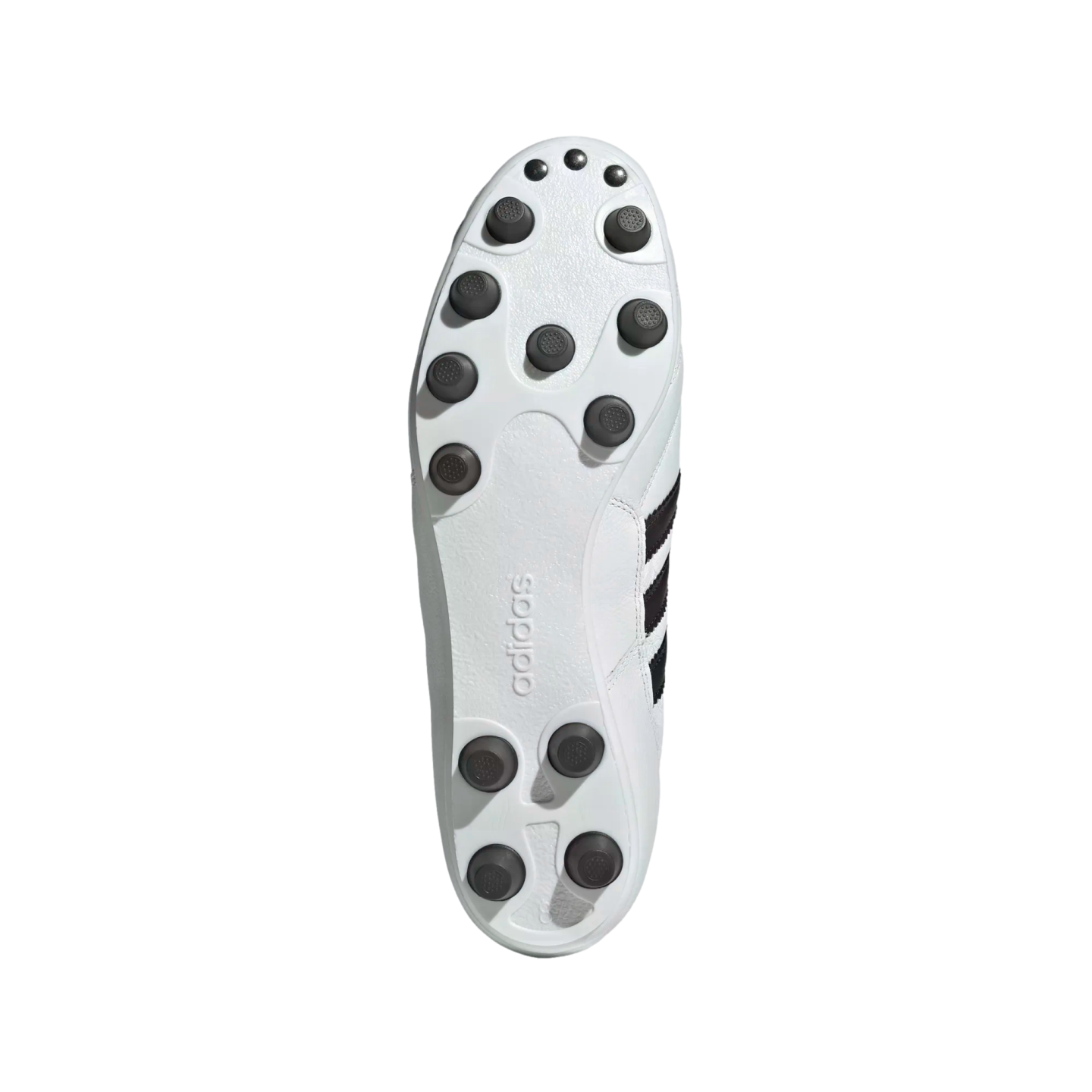 Sole of a white Adidas soccer cleat with black traction studs, shown against a solid black background.