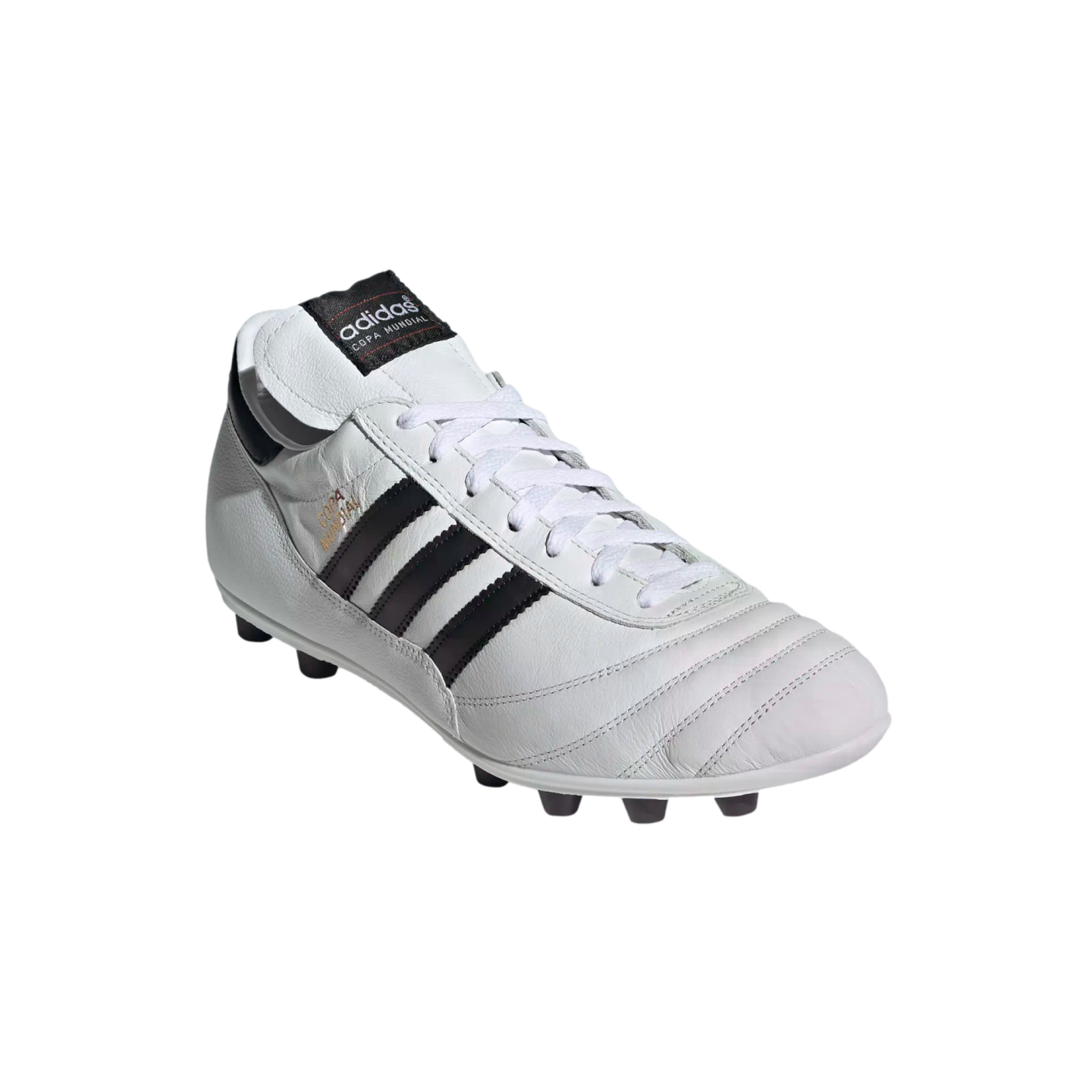A white leather Adidas Copa Mundial soccer shoe with black stripes and gold lettering, isolated on black.