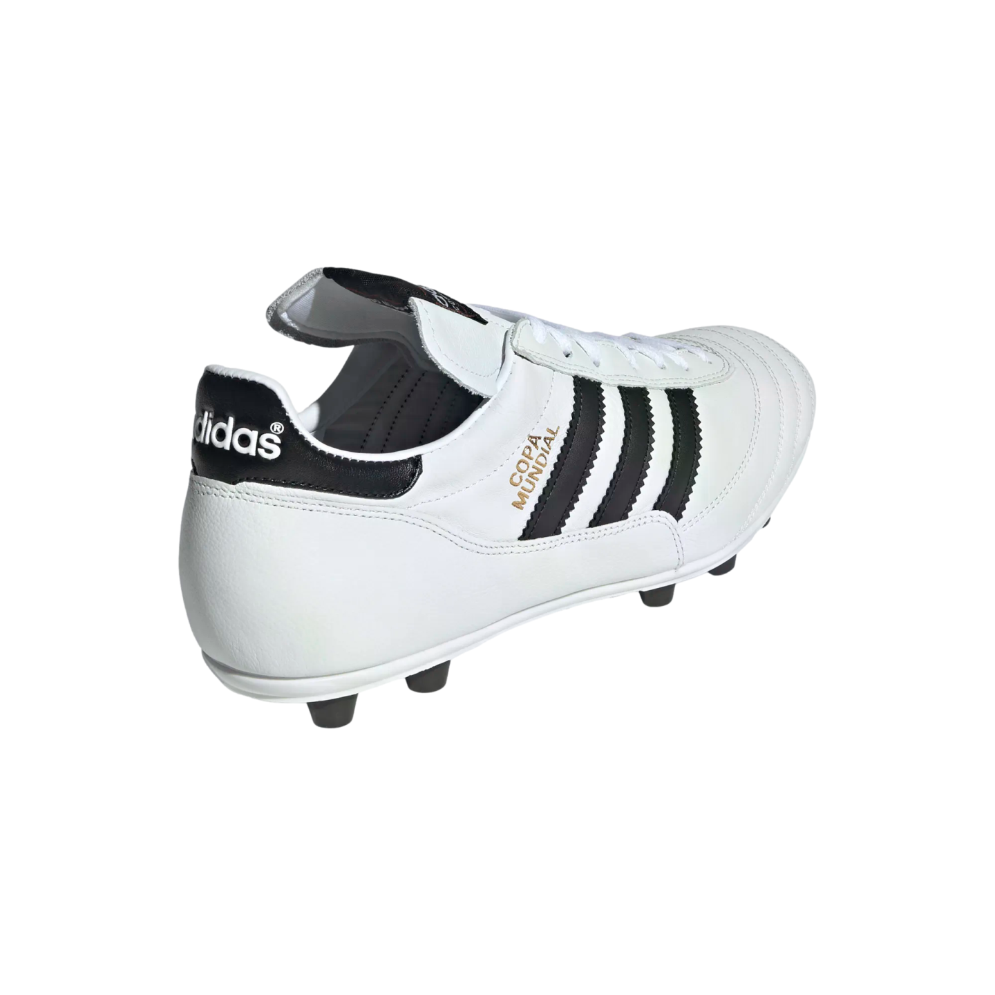 A white Adidas Copa Mundial soccer cleat with three black stripes and gold text, shown from a rear angle on a black background.