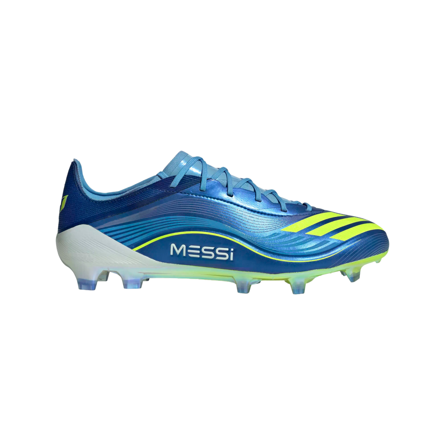 Metallic blue soccer cleat with "MESSI" text and yellow Adidas stripes. Features clear studs and a white heel on a black background.