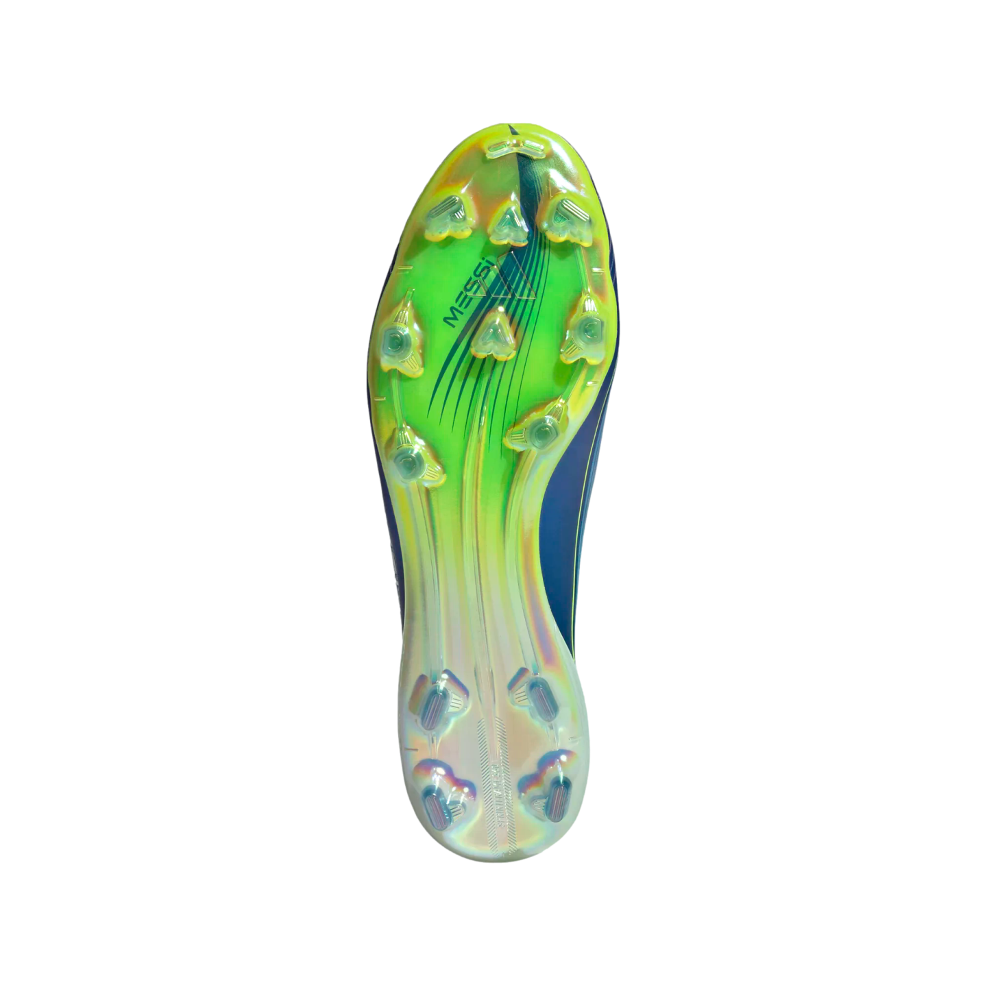 Underside of an iridescent lime green and blue Adidas soccer cleat with triangular studs and "MESSI" branding, centered on a black background.