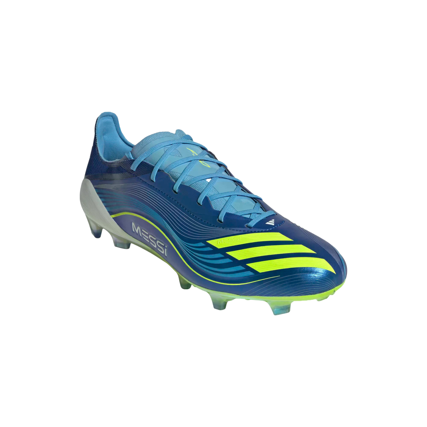A blue and lime yellow Adidas Messi soccer cleat against a black background, featuring the "MESSI" name on the side and a low-cut profile.