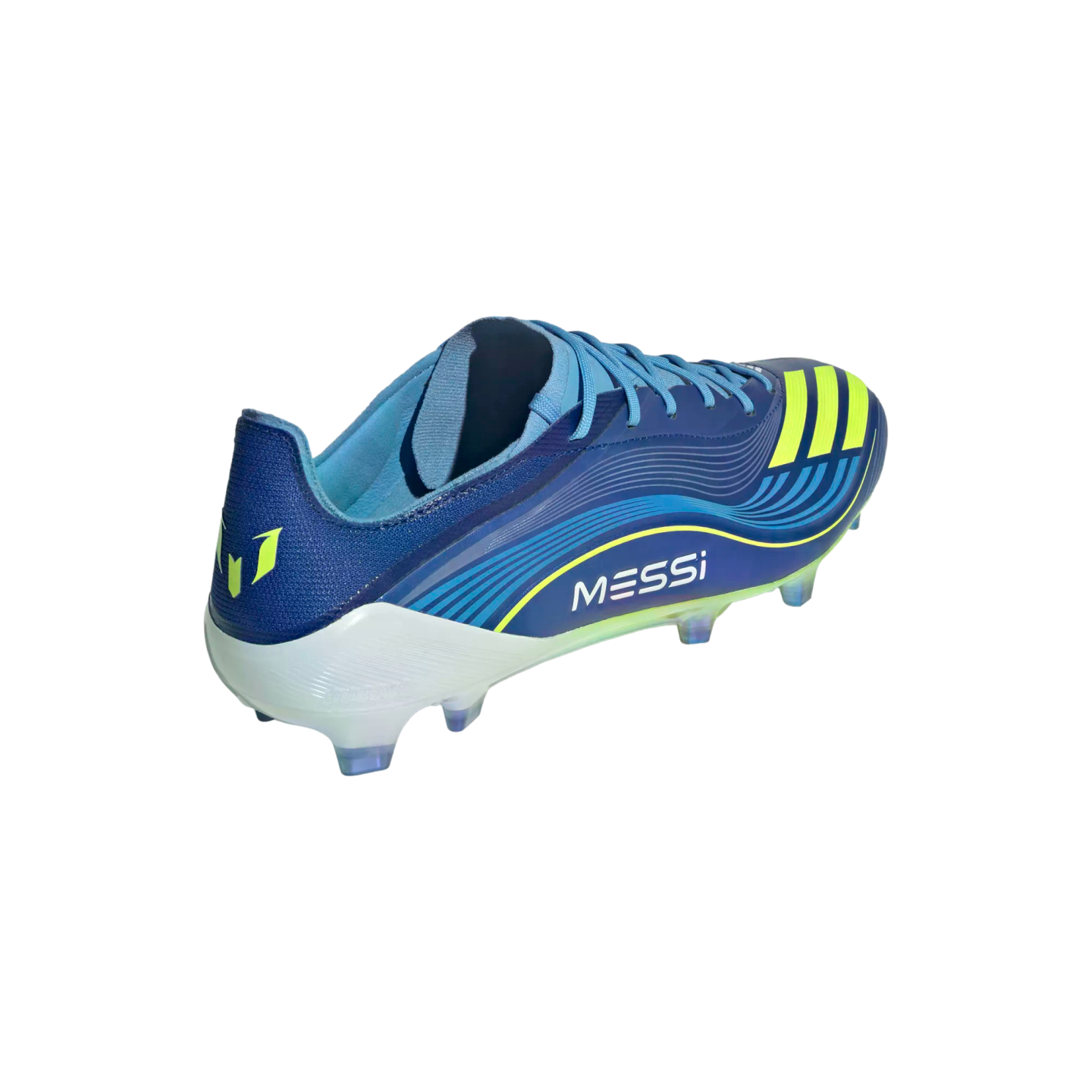 A blue and yellow Adidas Messi soccer cleat with a white heel, shown from a rear side angle against a black background.